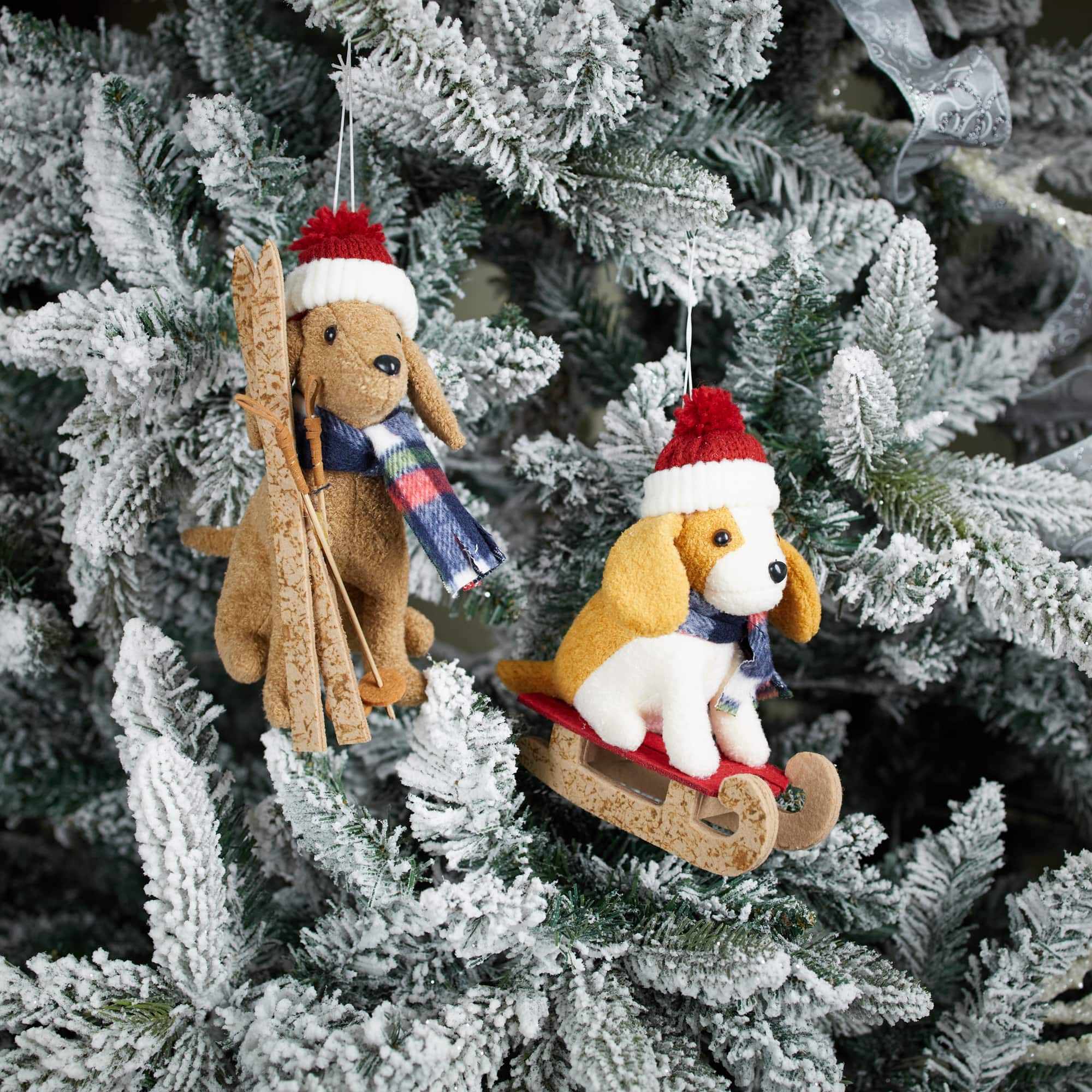 Plush Ski & Sled Dog Christmas Ornaments Set, 3ct.