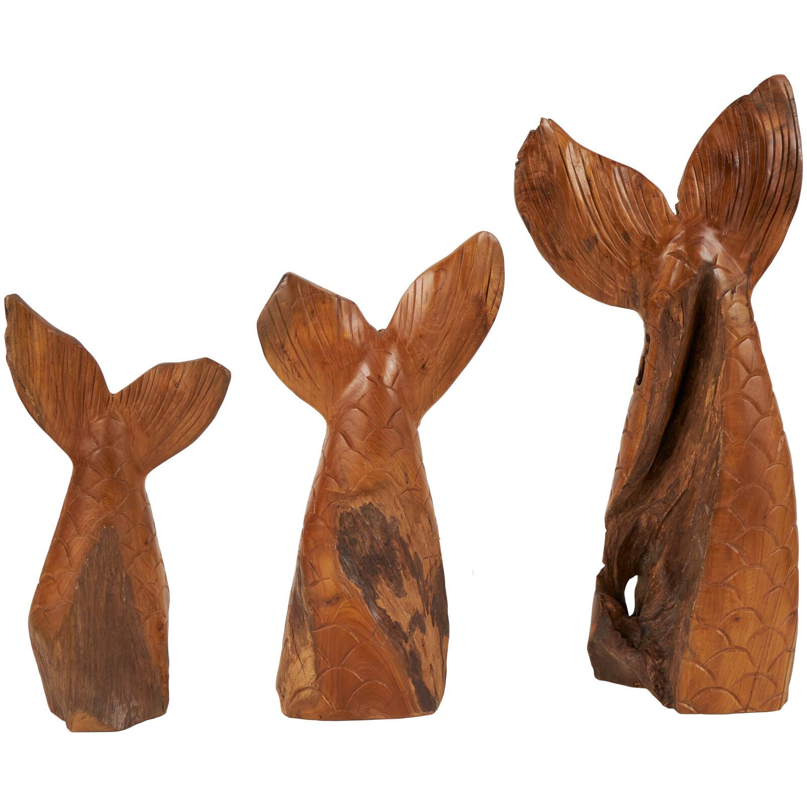 Brown Teak Wood Whale Handmade Tail Live Edge Sculpture with Intricate Carvings Set