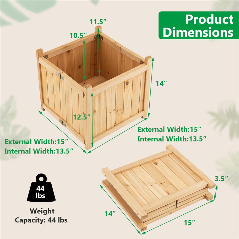 Costway 15" Elevated Outdoor Folding Wooden Planter Box with Removable Bottom