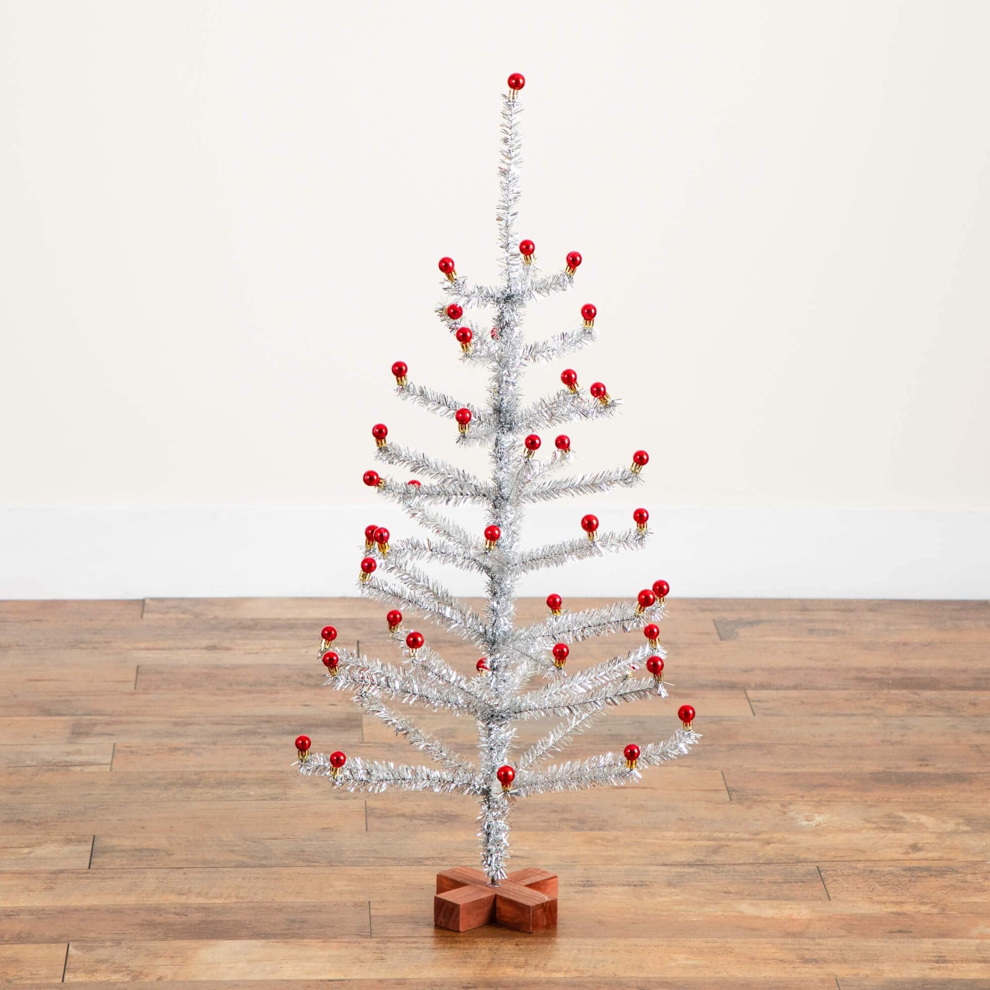3ft. Artificial Retro Silver Tinsel Christmas Tree with 45 Red Mini Ornament Balls and Wooden Base