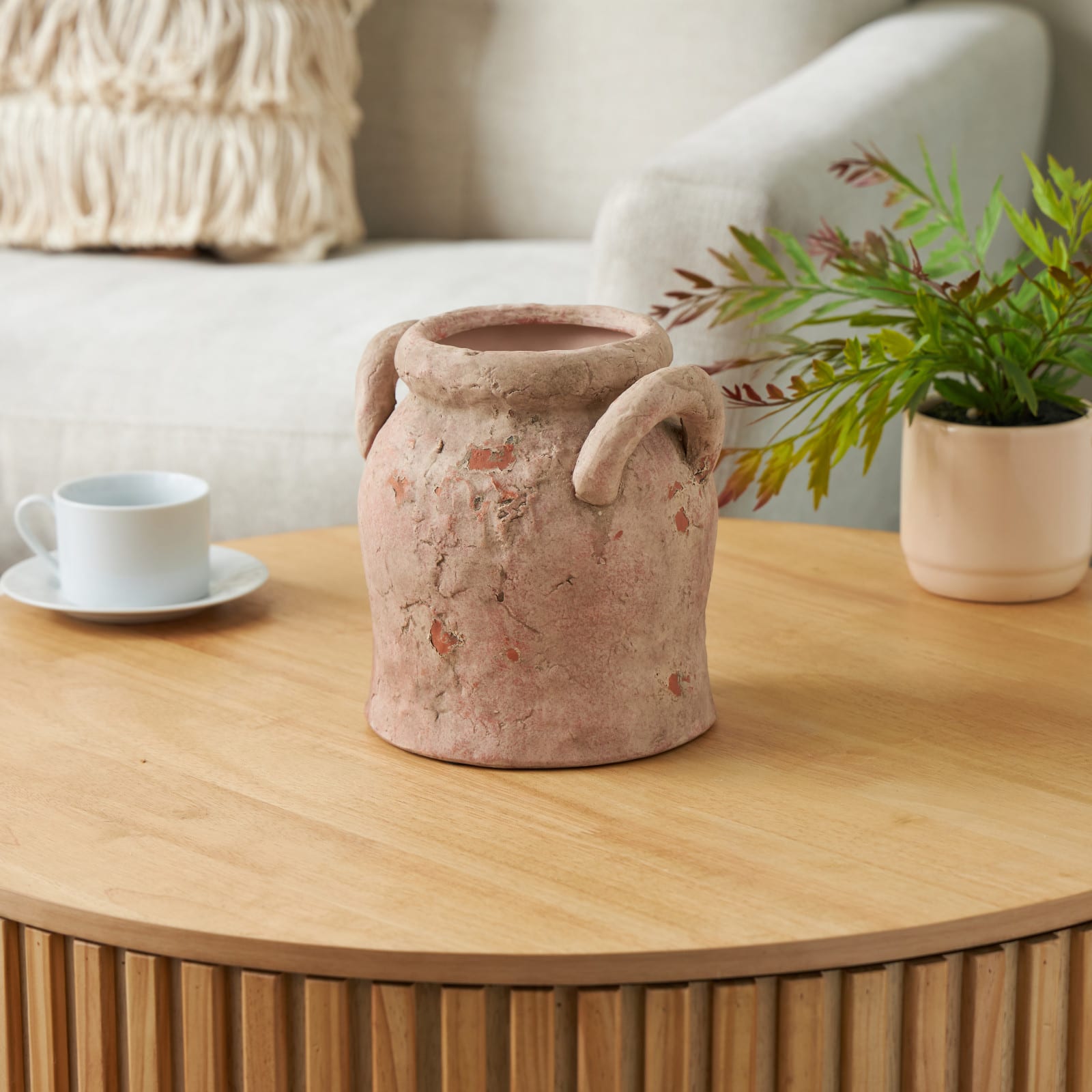 8.25" Pink Ceramic Antique Style Distressed Decorative Vase with Handles