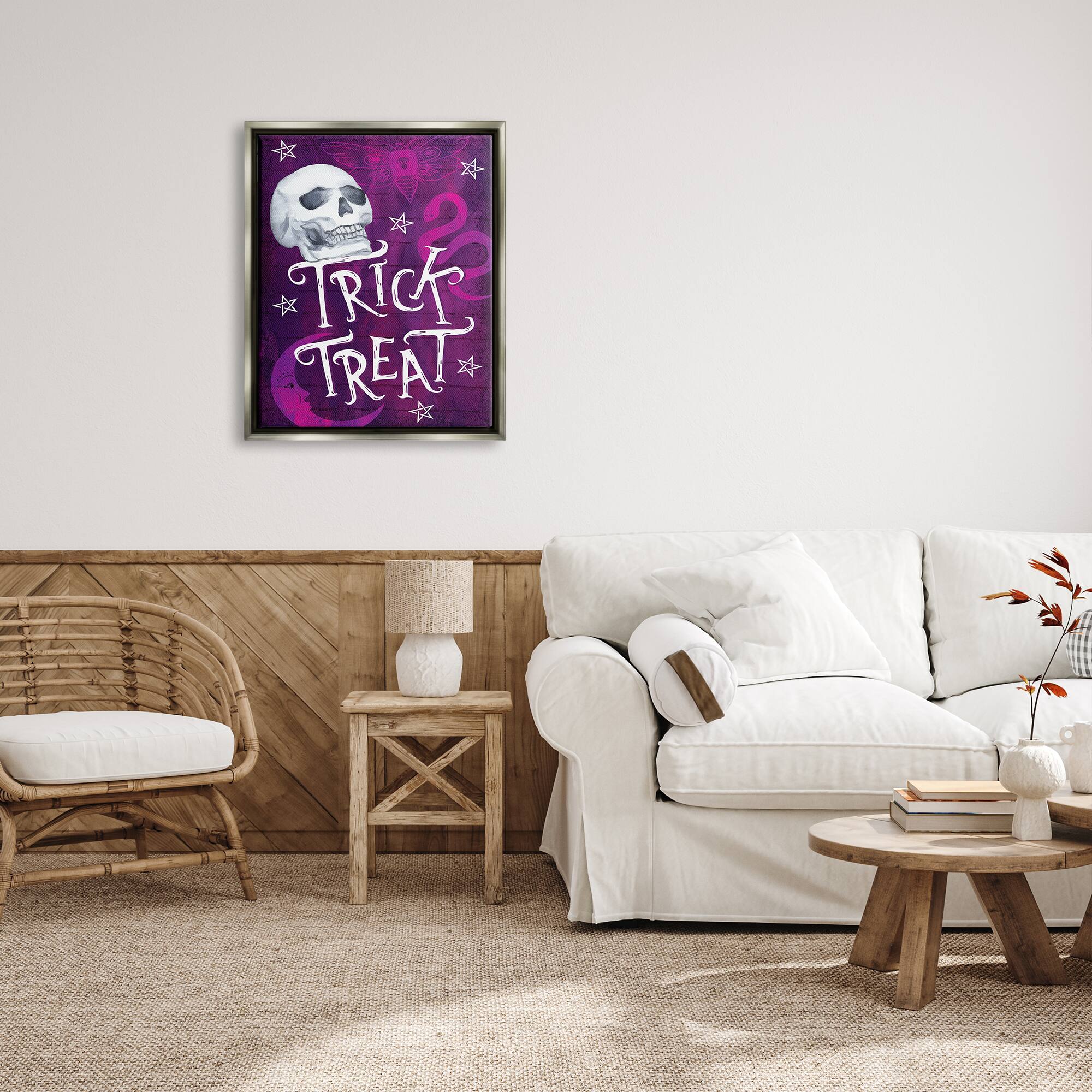 Stupell Industries Trick or Treat Purple Halloween Framed Floater Canvas Wall Art