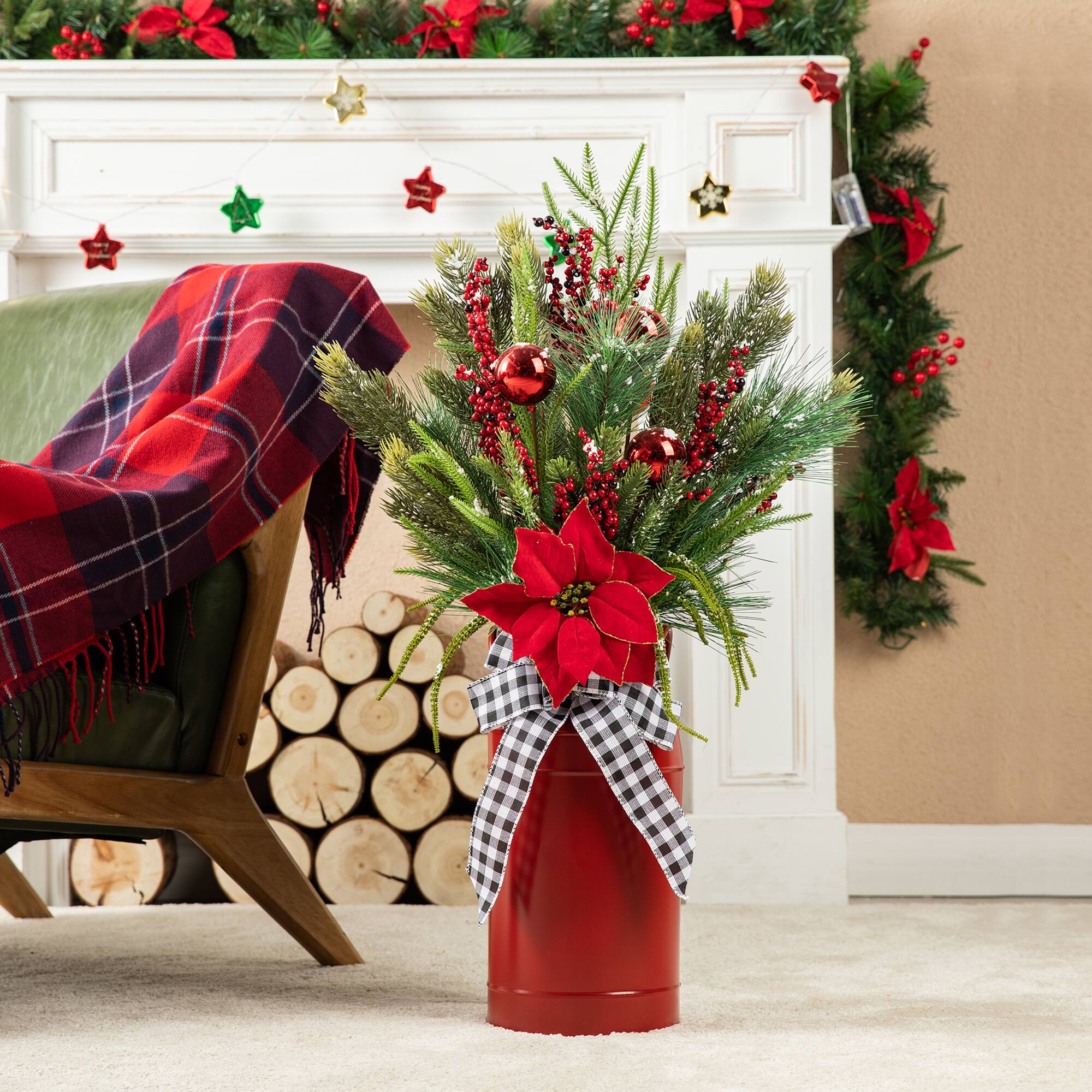 Glitzhome® 35" Christmas Poinsettia Floral Porch Tree in Red Container