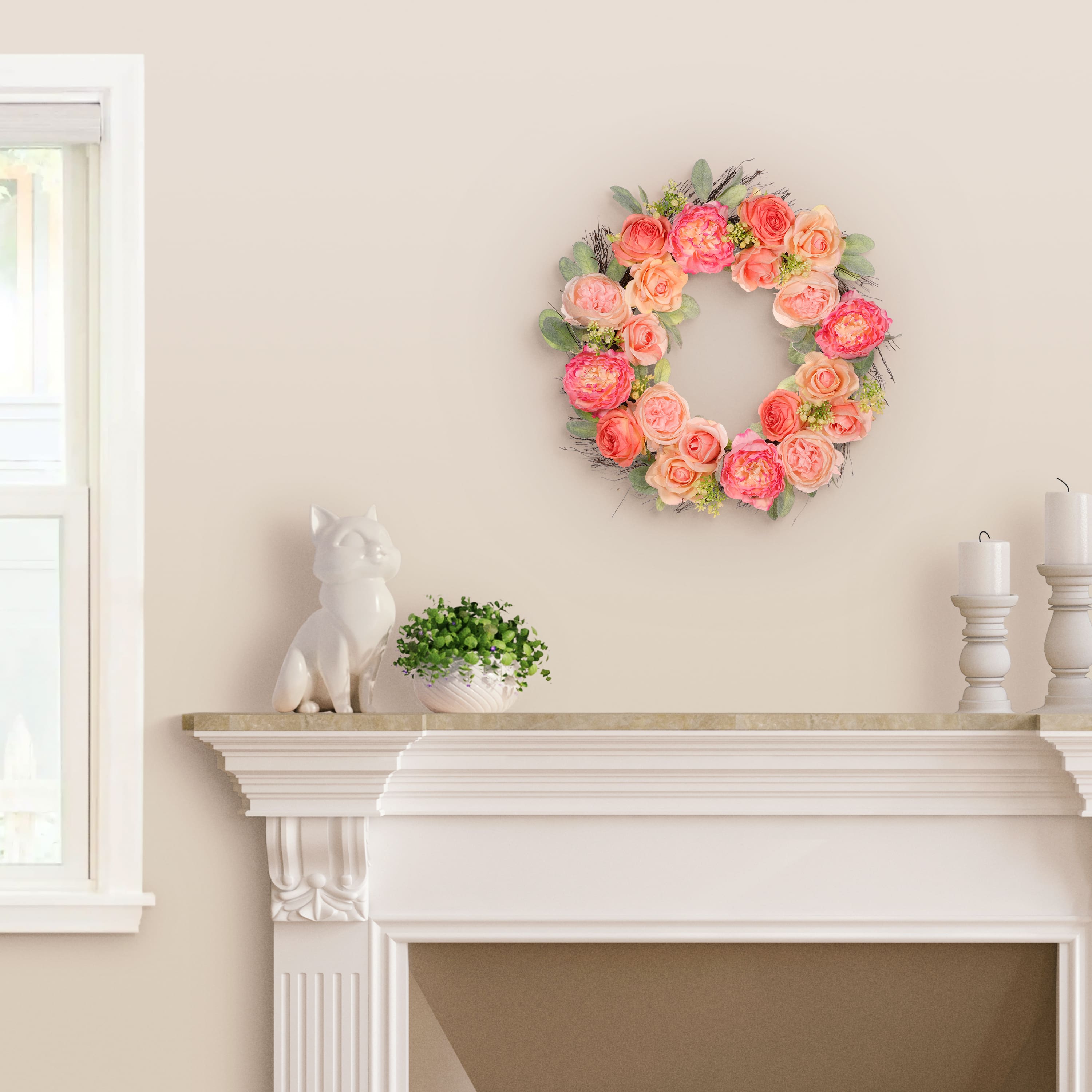 24" Spring Peach & Pink Peony & Rose Wreath