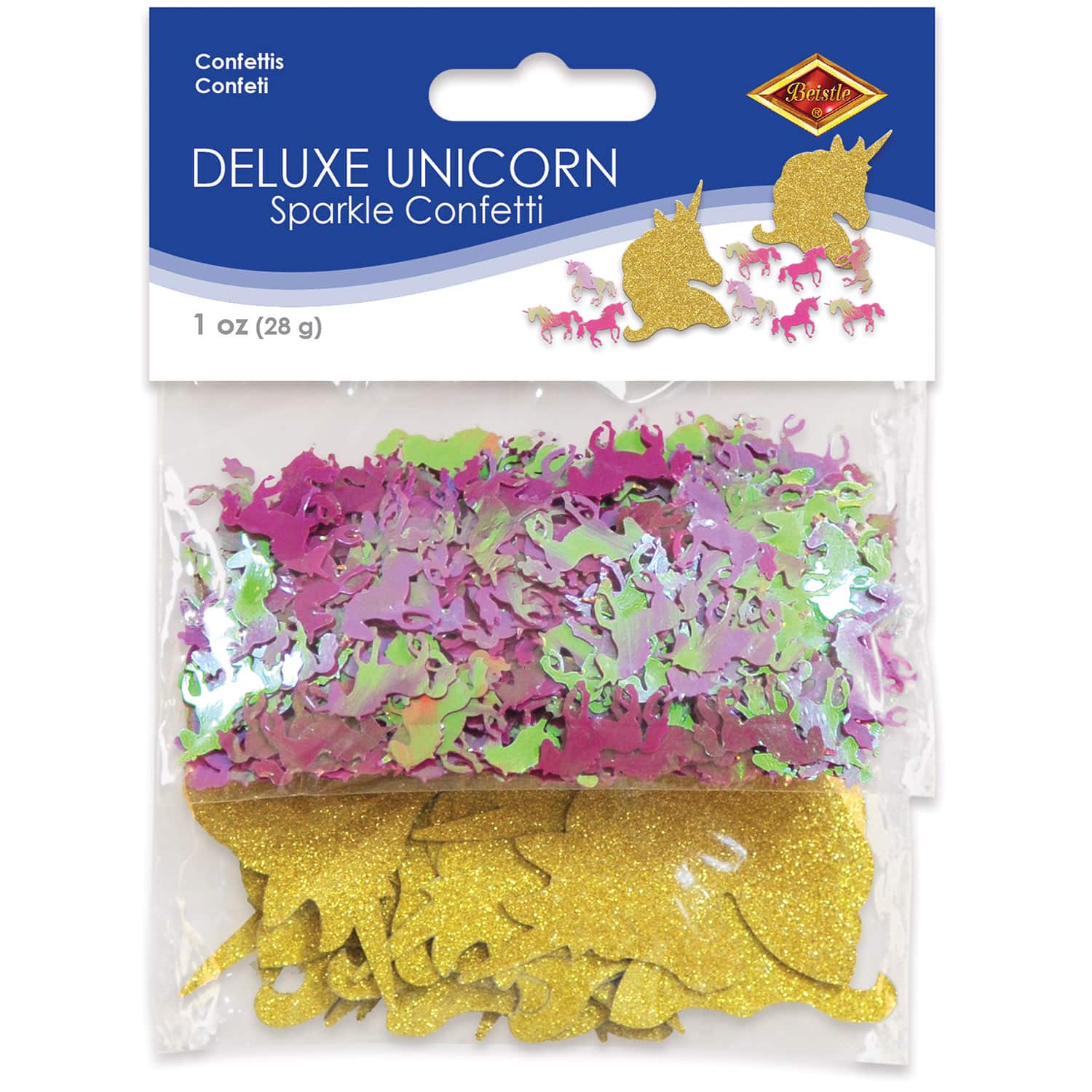 Beistle 1oz. Gold & Pink Unicorn Deluxe Sparkle Confetti Packs, 2ct.