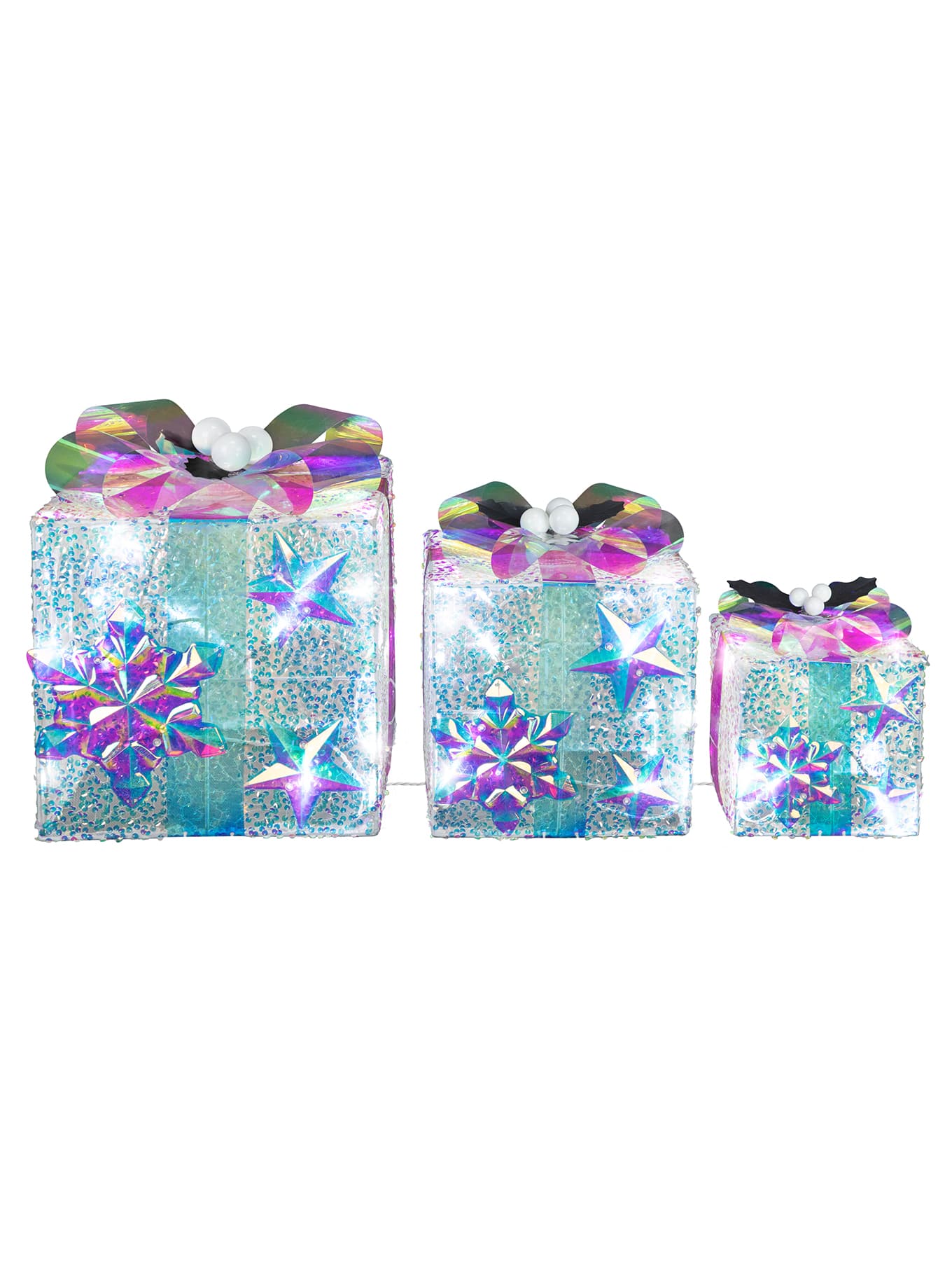 Sparkle Iridescent Sequin & Snowflakes LED Gift Box Décor Set