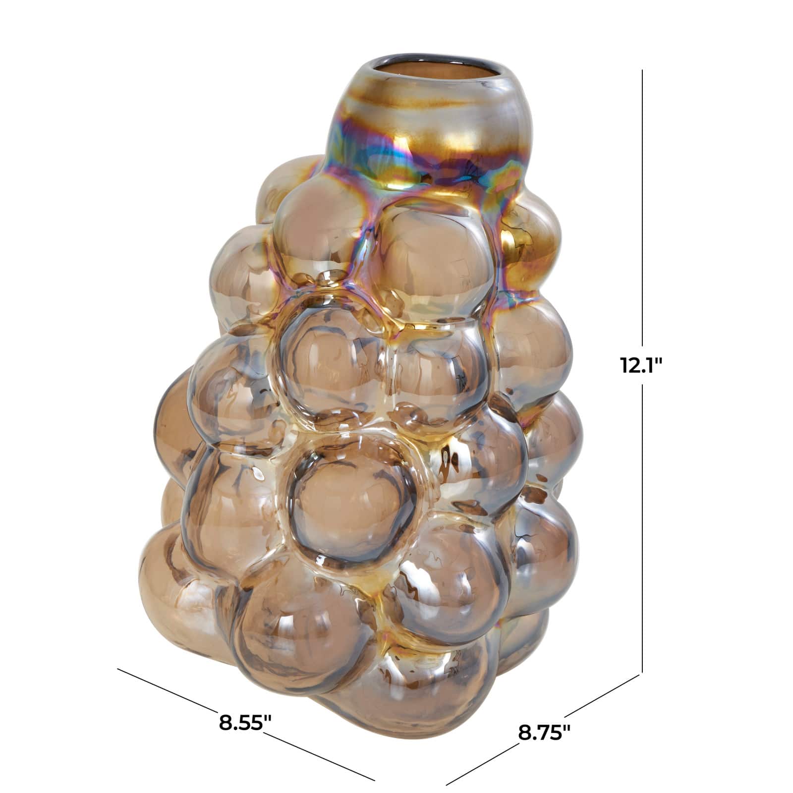12" Iridescent Brown Abstract Handmade Bubble Glass Vase