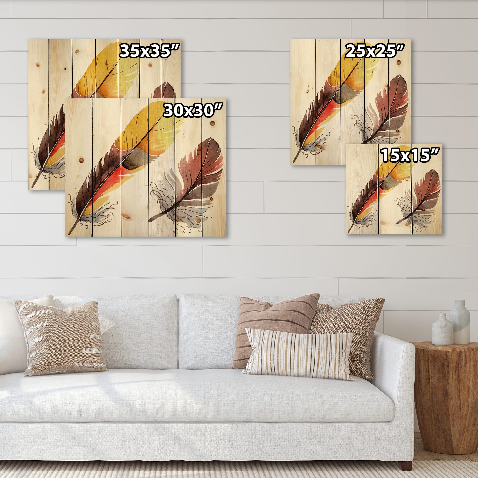 Designart - Colourful Boho Feathers IV - Bohemian & Eclectic Print on Natural Pine Wood