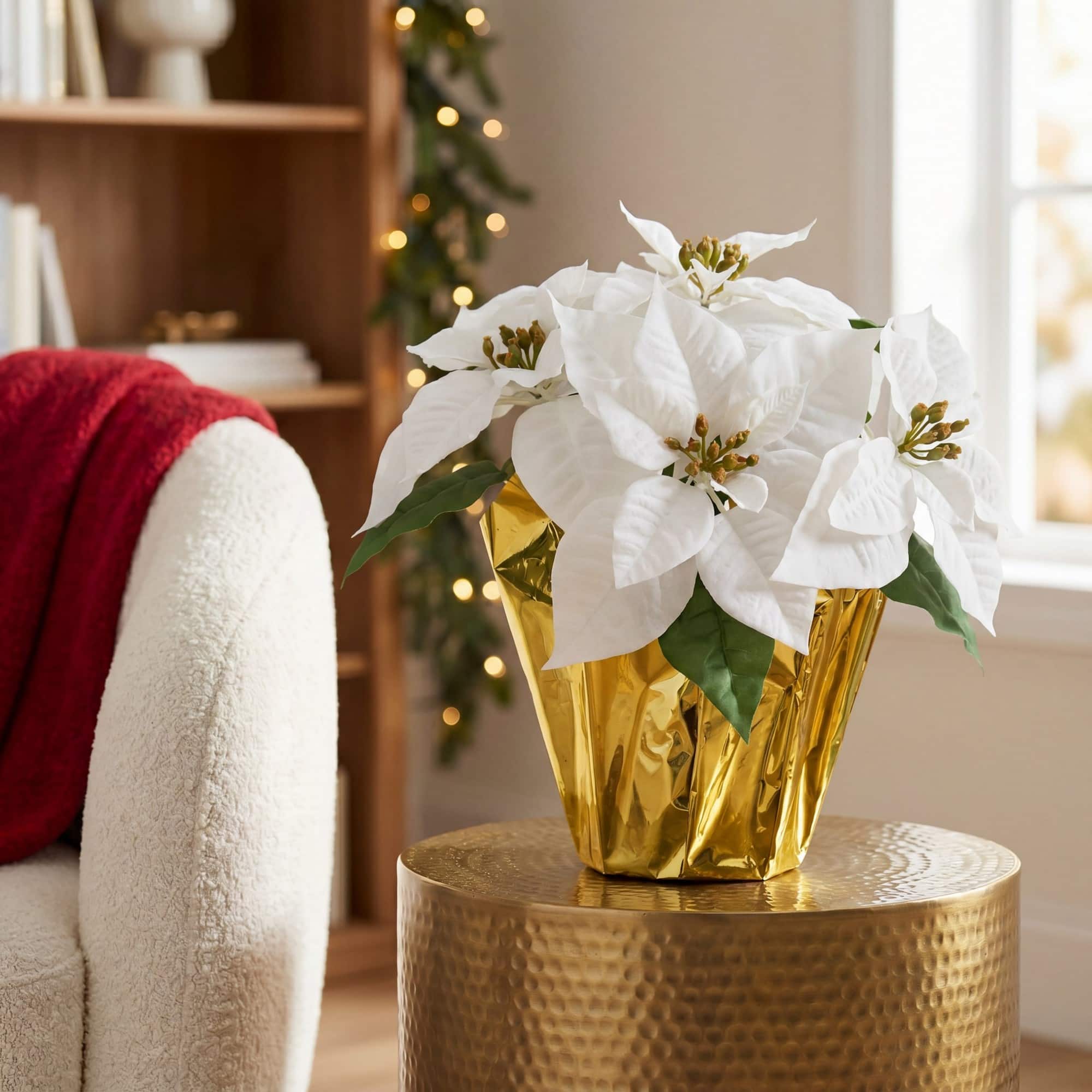 Nearly Natural 13" White Artificial Velvet Poinsettia Arrangement in Gold Wrapped Planter