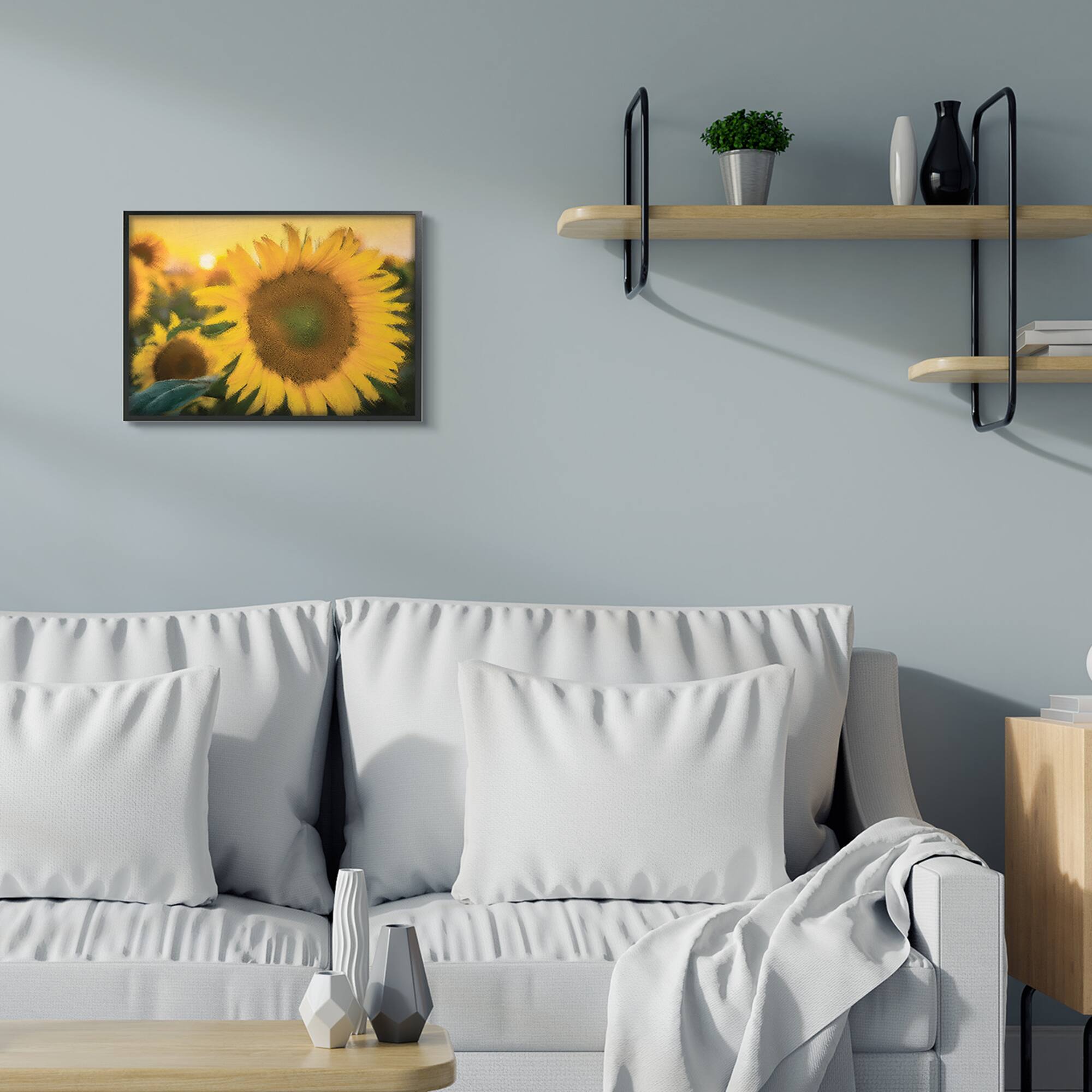 Stupell Industries Sunflower Field Sunrise Realistic Soft Edges in Black Frame Wall Art