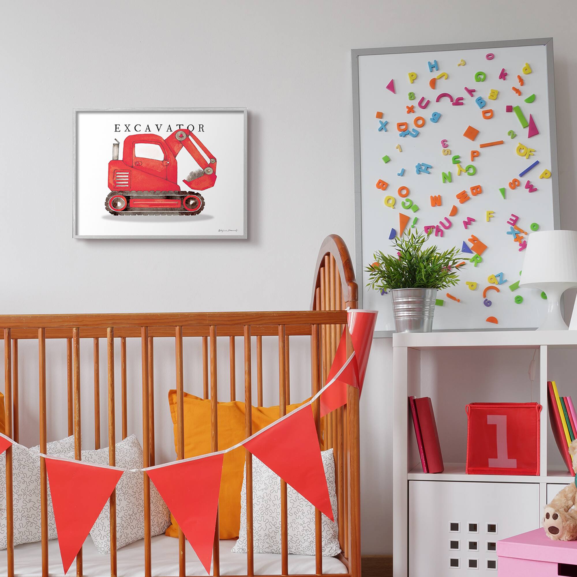 Stupell Industries Red Excavator Truck Traditional Construction Vehicle in Gray Frame Wall Art