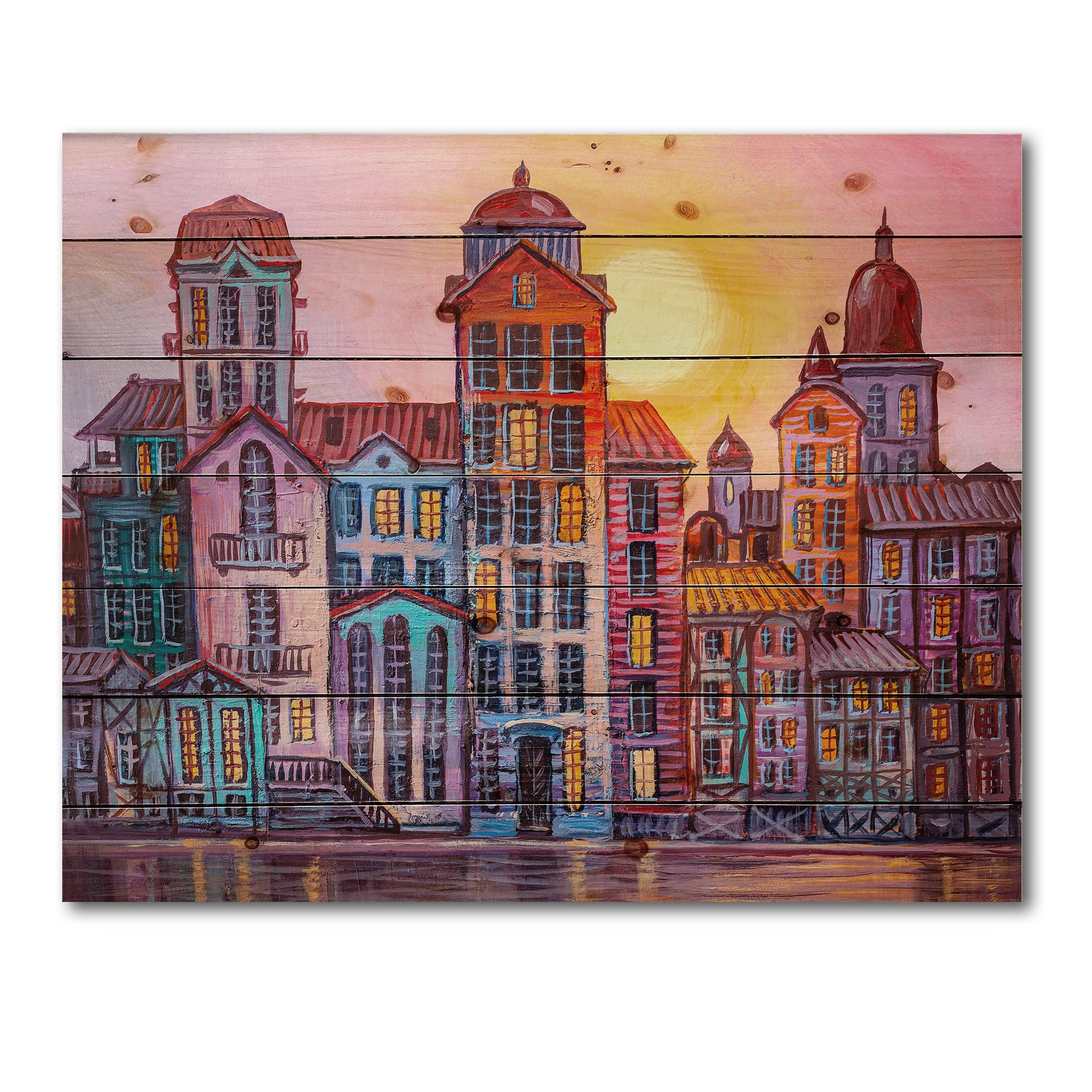 Designart - Street Scene In Old Town With Colorful Buildings - Mid-Century Modern Print on Natural Pine Wood