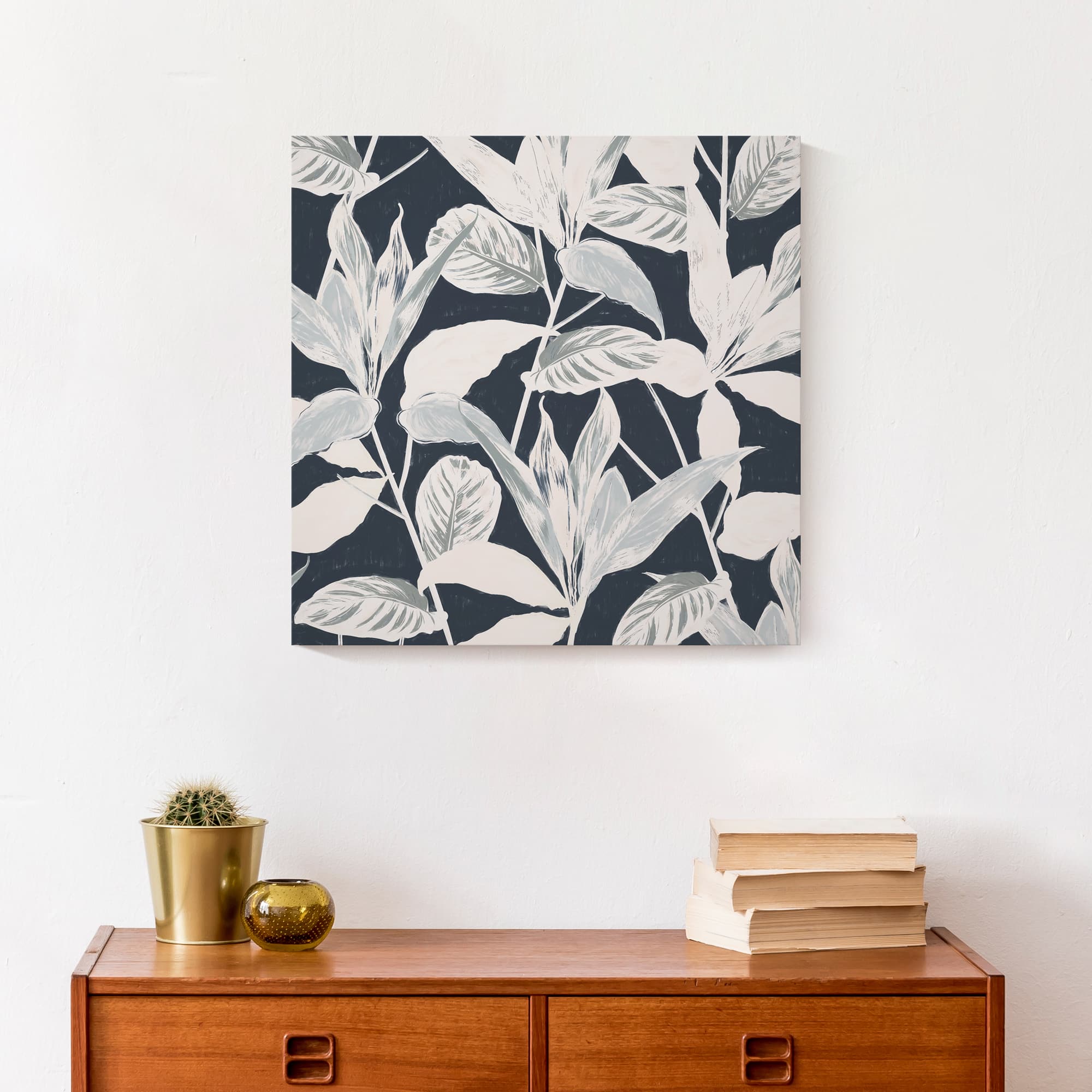 Navy Botanical Leaves Canvas Wall Art