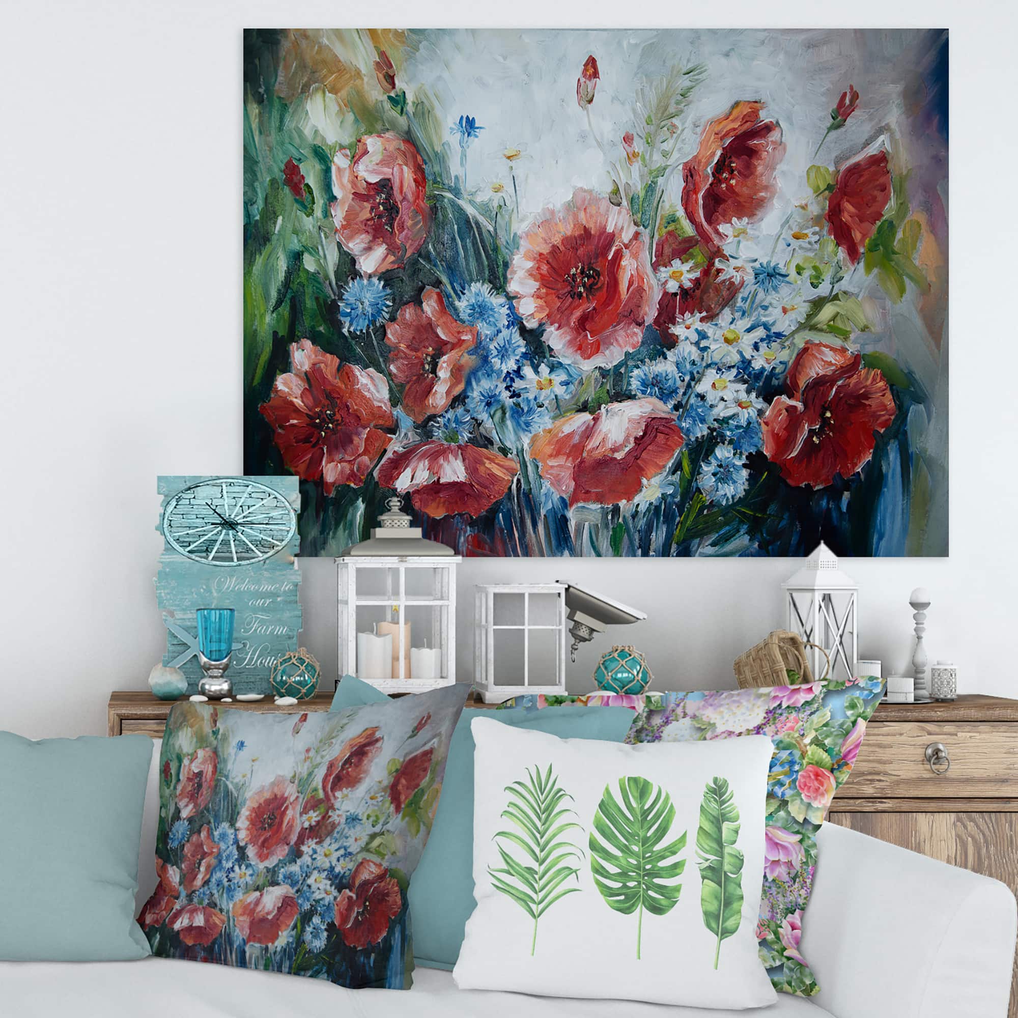 Designart - Retro Bouquet of Poppies - Traditional Canvas Wall Art Print
