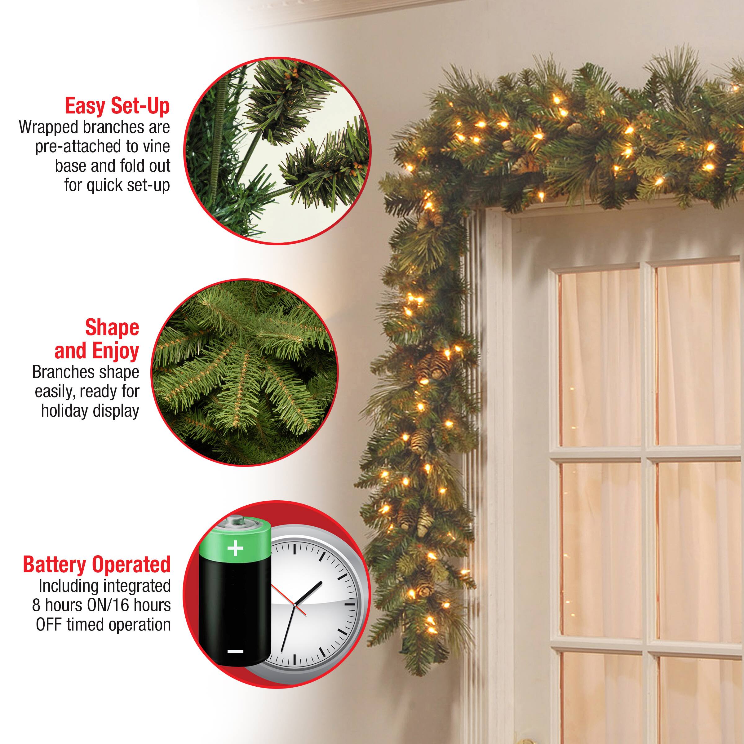 9' x 10" Pre-lit Carolina Pine Artificial Christmas Garland with Flocked Cones & 100 Battery Operated LED Lights