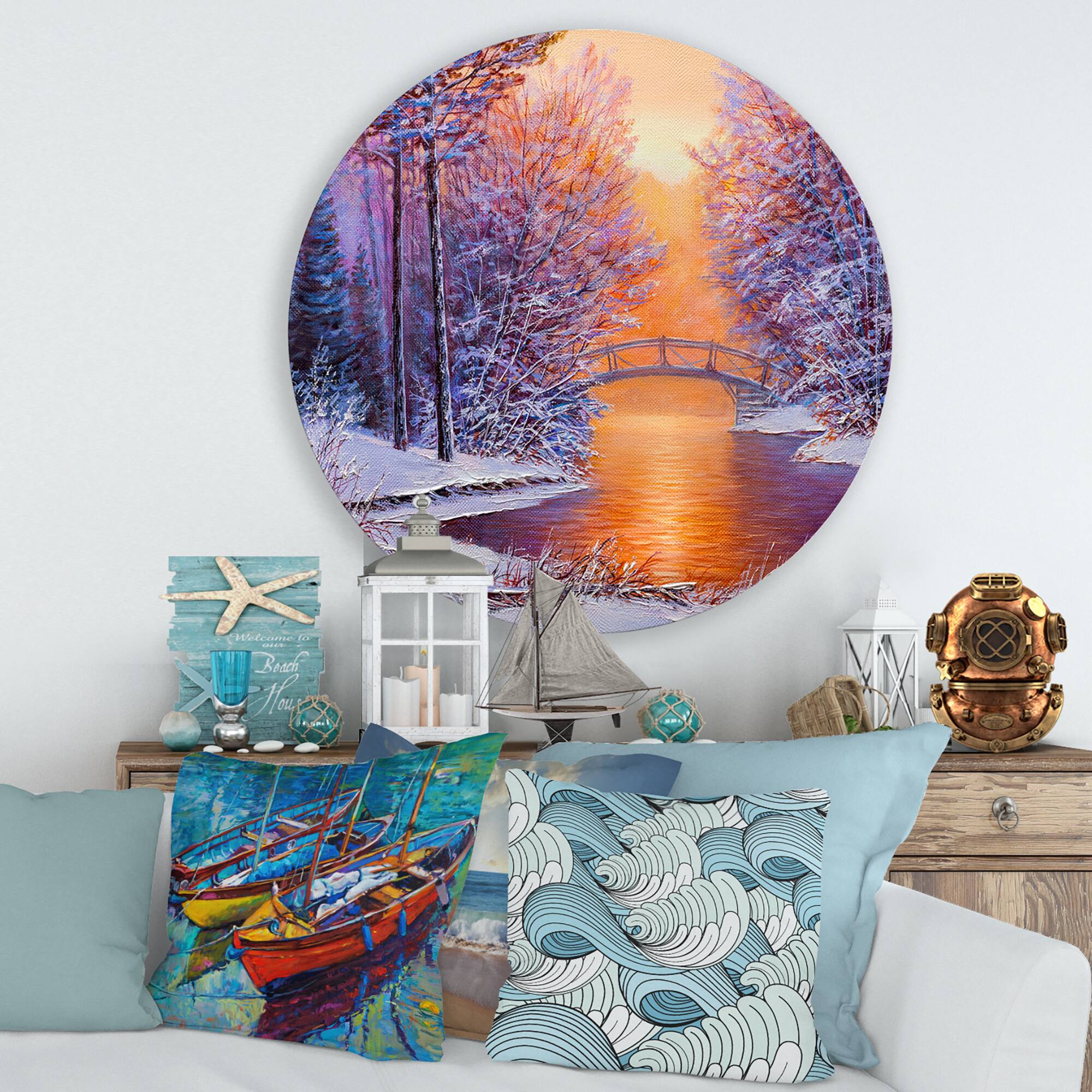 Designart - Bridge Over The River In Winter Landscape - Traditional Metal Circle Wall Art