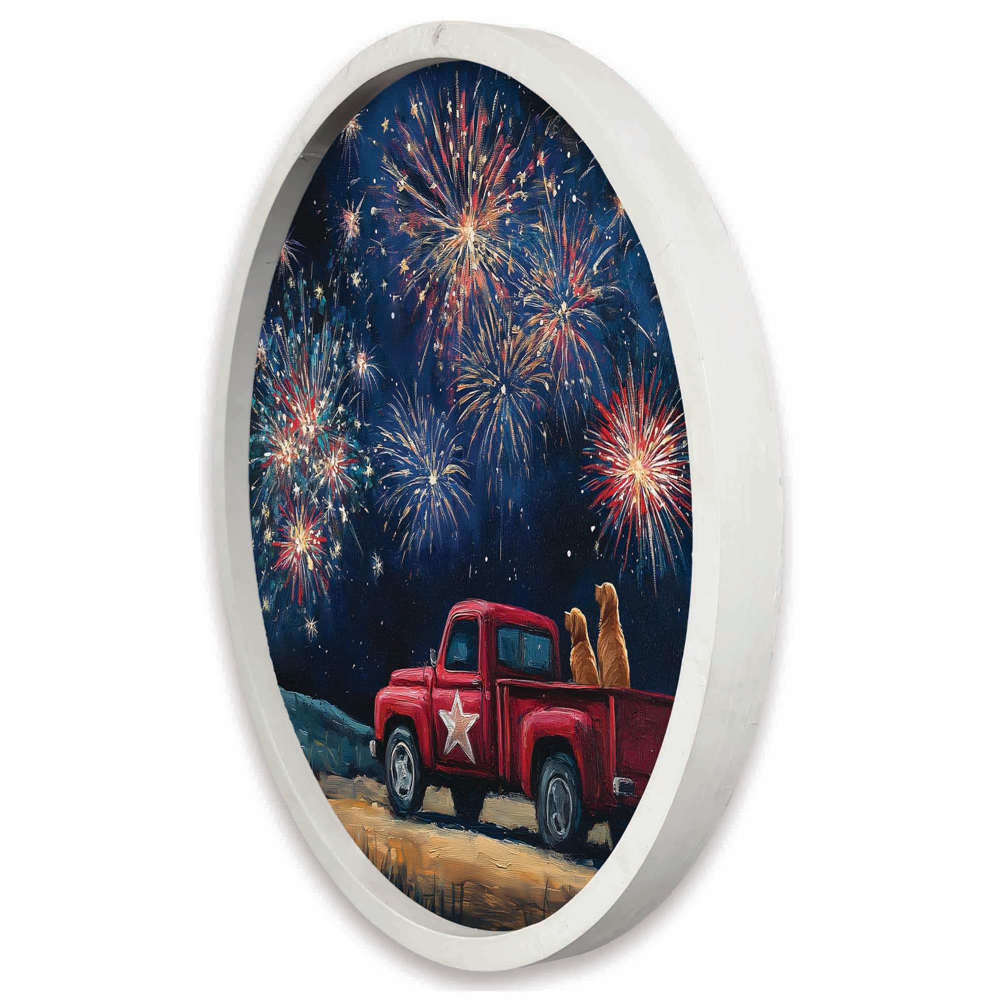 20" Goldens Watching Fireworks Round Framed Print