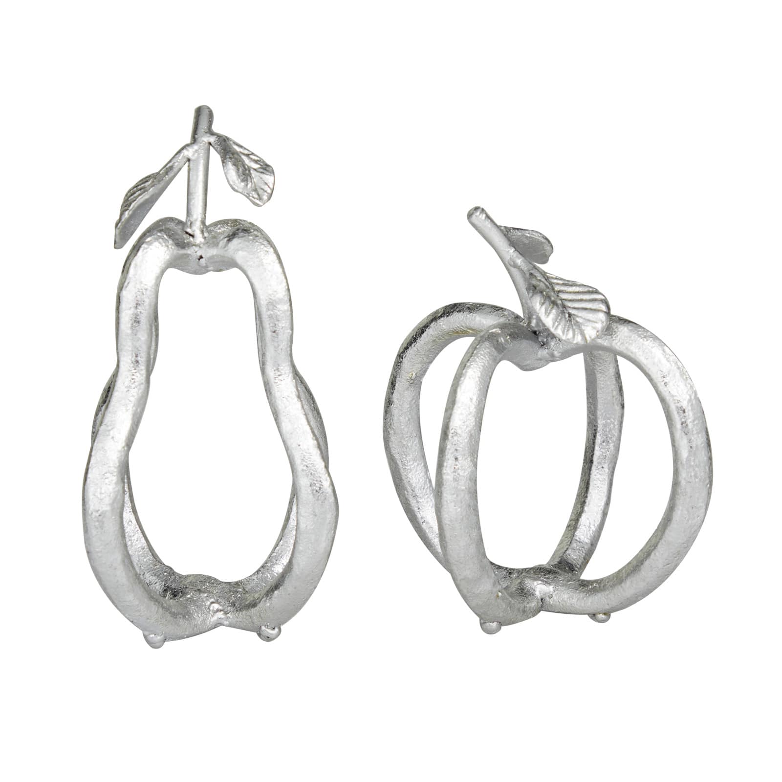 Set of 2 Silver Metal Eclectic Fruit Sculpture 8", 7"