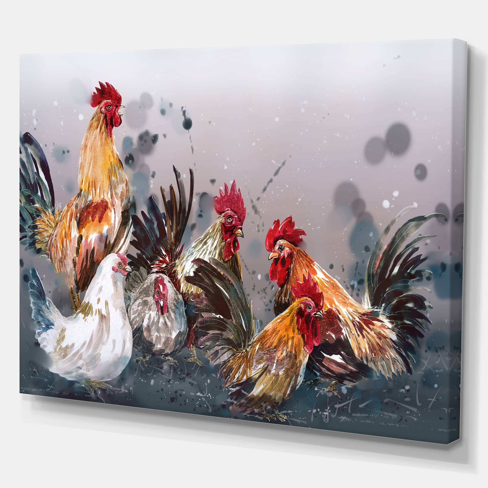 Designart - Group of Rooster in Gray Farm background - Farmhouse Animal Painting Print on Wrapped Canvas