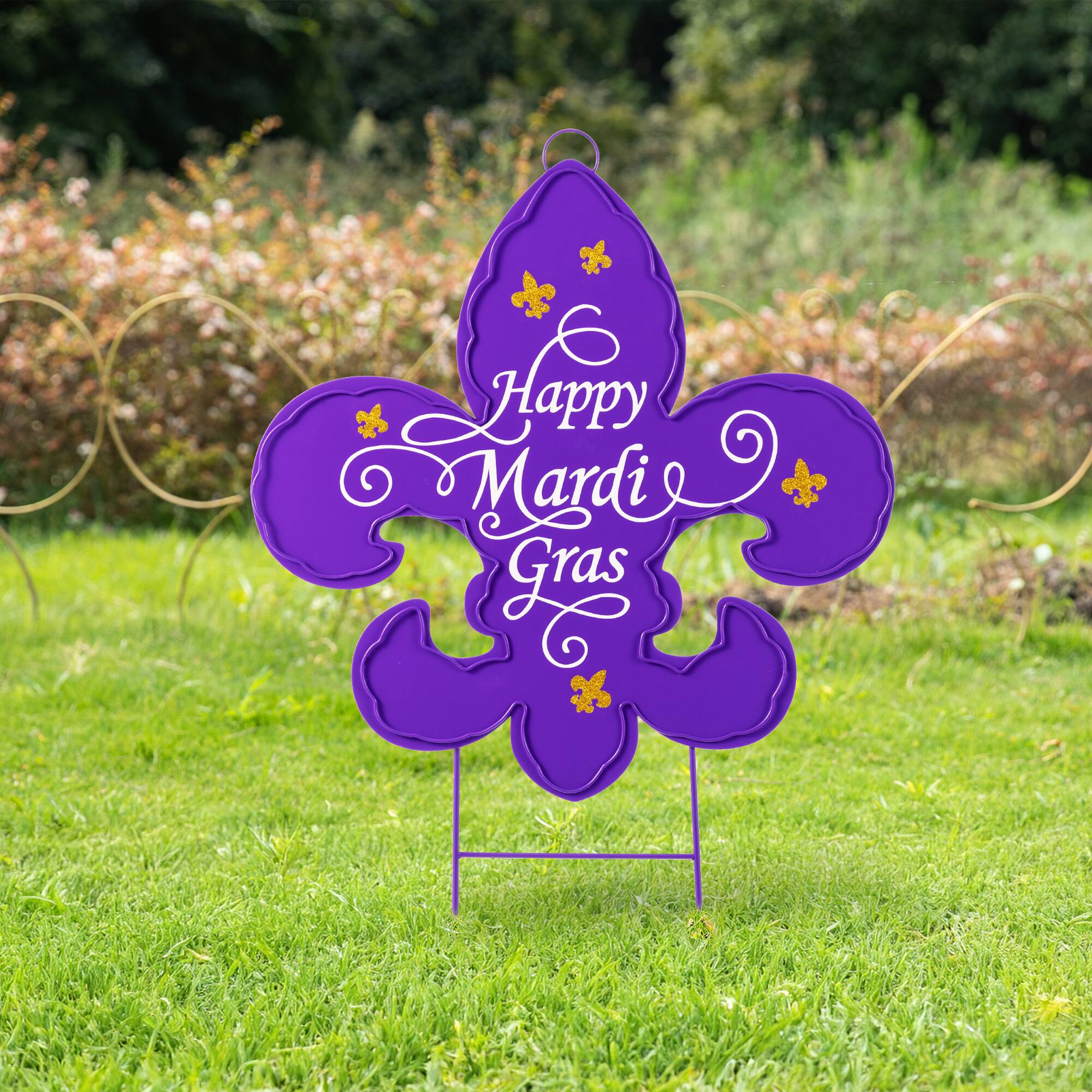 Glitzhome® 24" Mardi Gras Metal Fleur-de-Lis Yard Stake