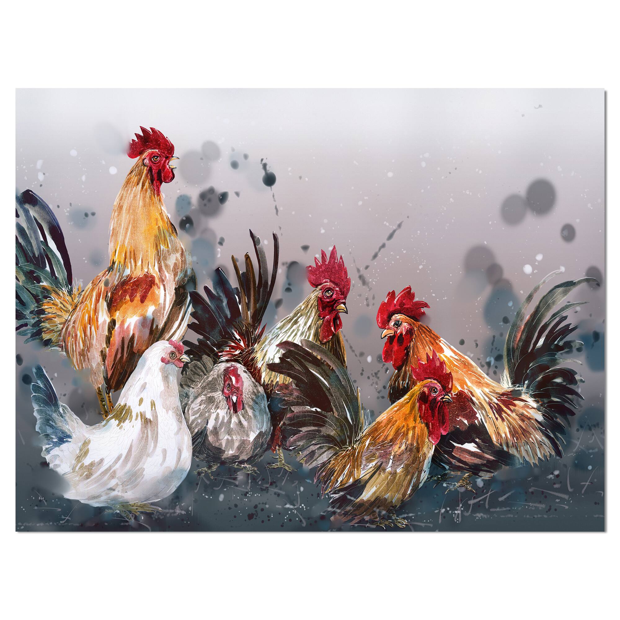Designart - Group of Rooster in Gray Farm background