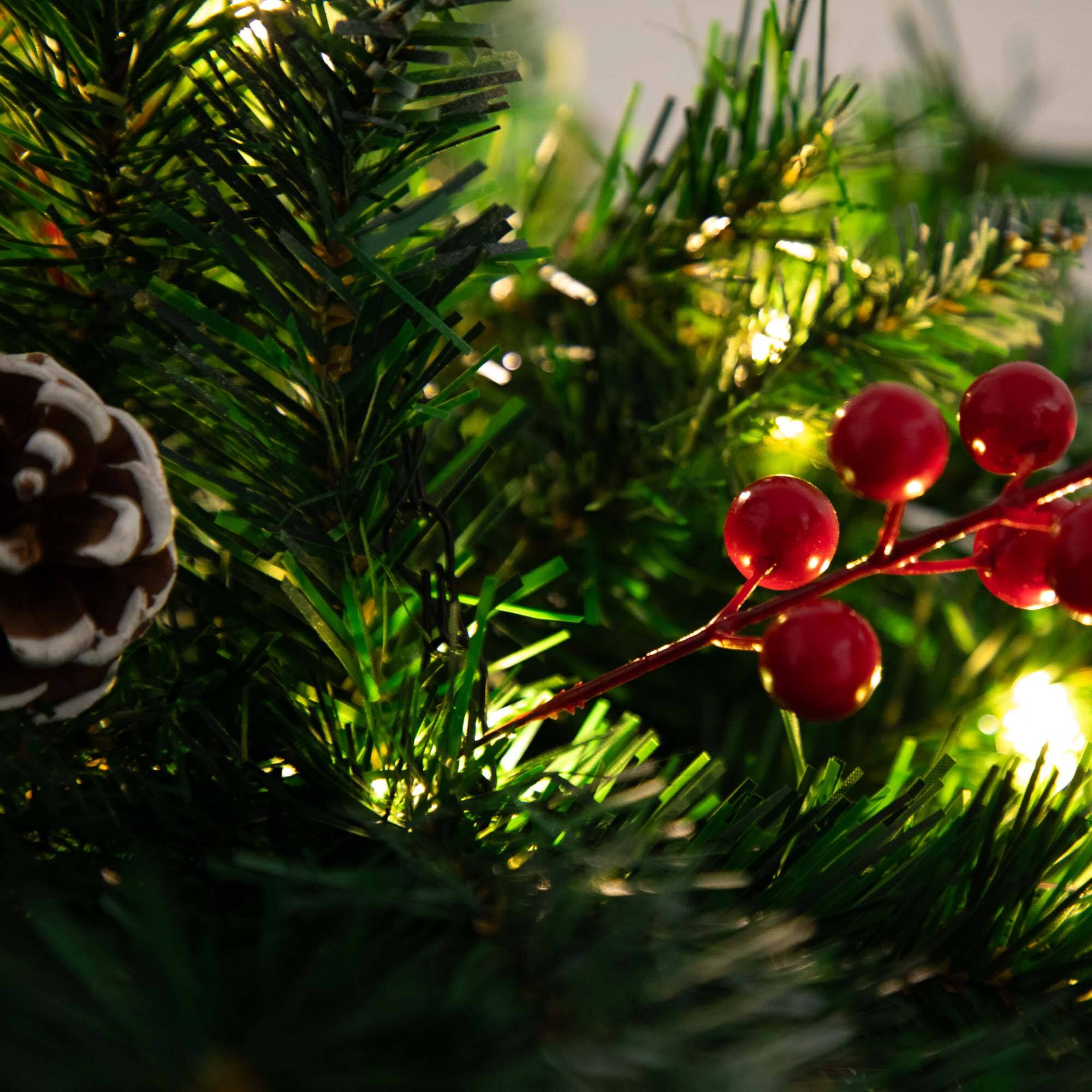 16" Artificial Pine & Berry Warm White LED Pre-Lit Hanging Basket
