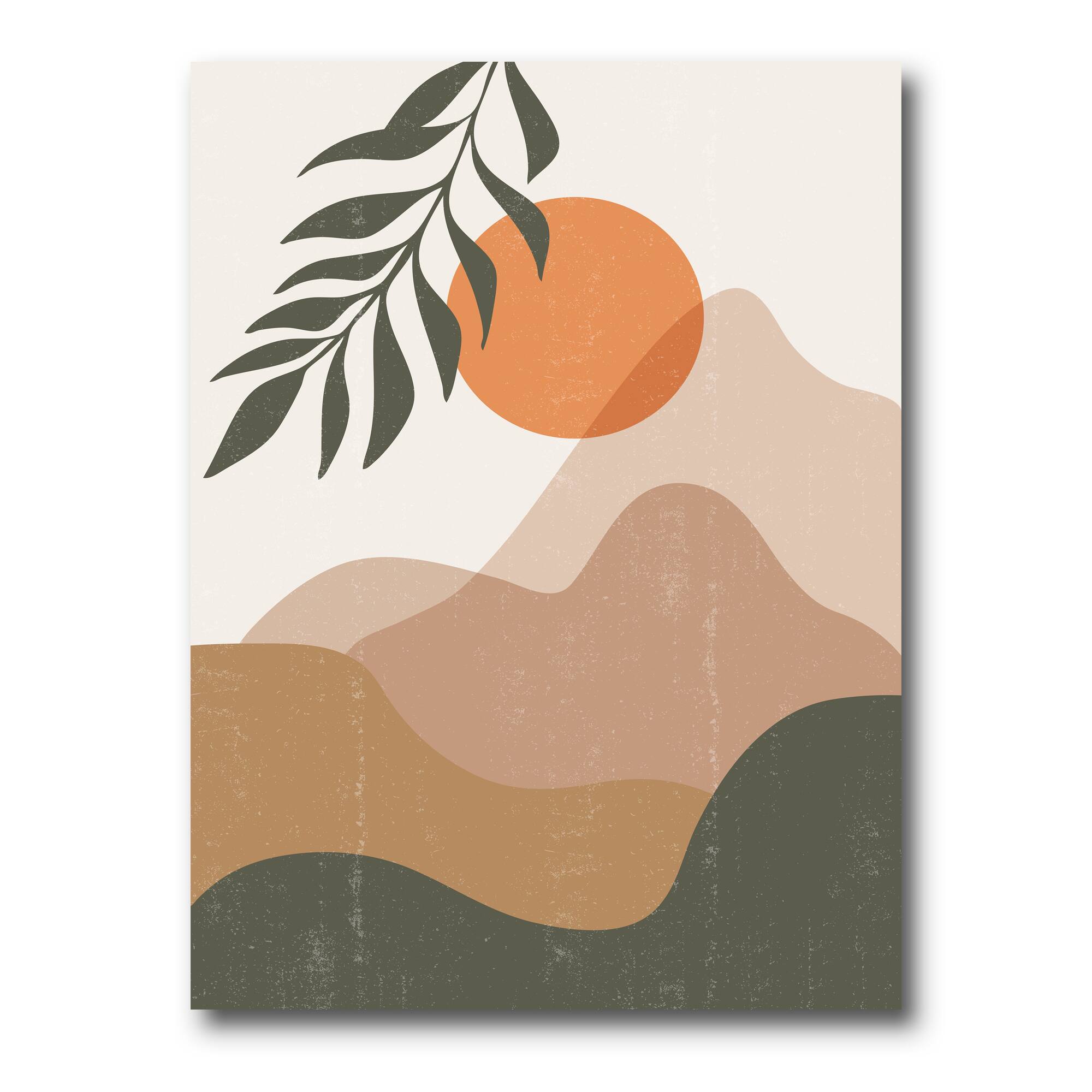 Designart - Abstract Red Moon In Earth Toned Mountains I - Modern Canvas Wall Art Print