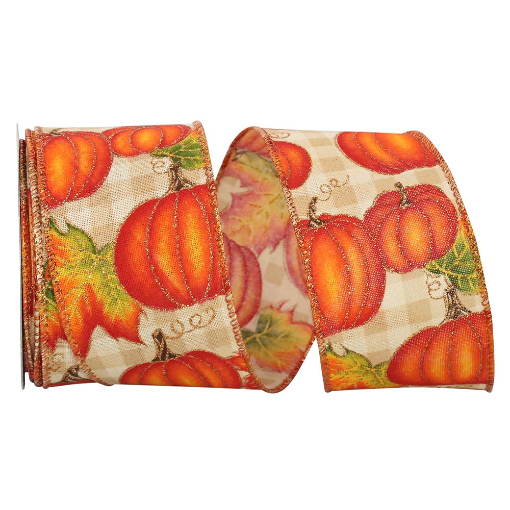 Reliant 2.5" x 10yd. Wired Natural Pumpkin Gingham Sparkle Ribbon