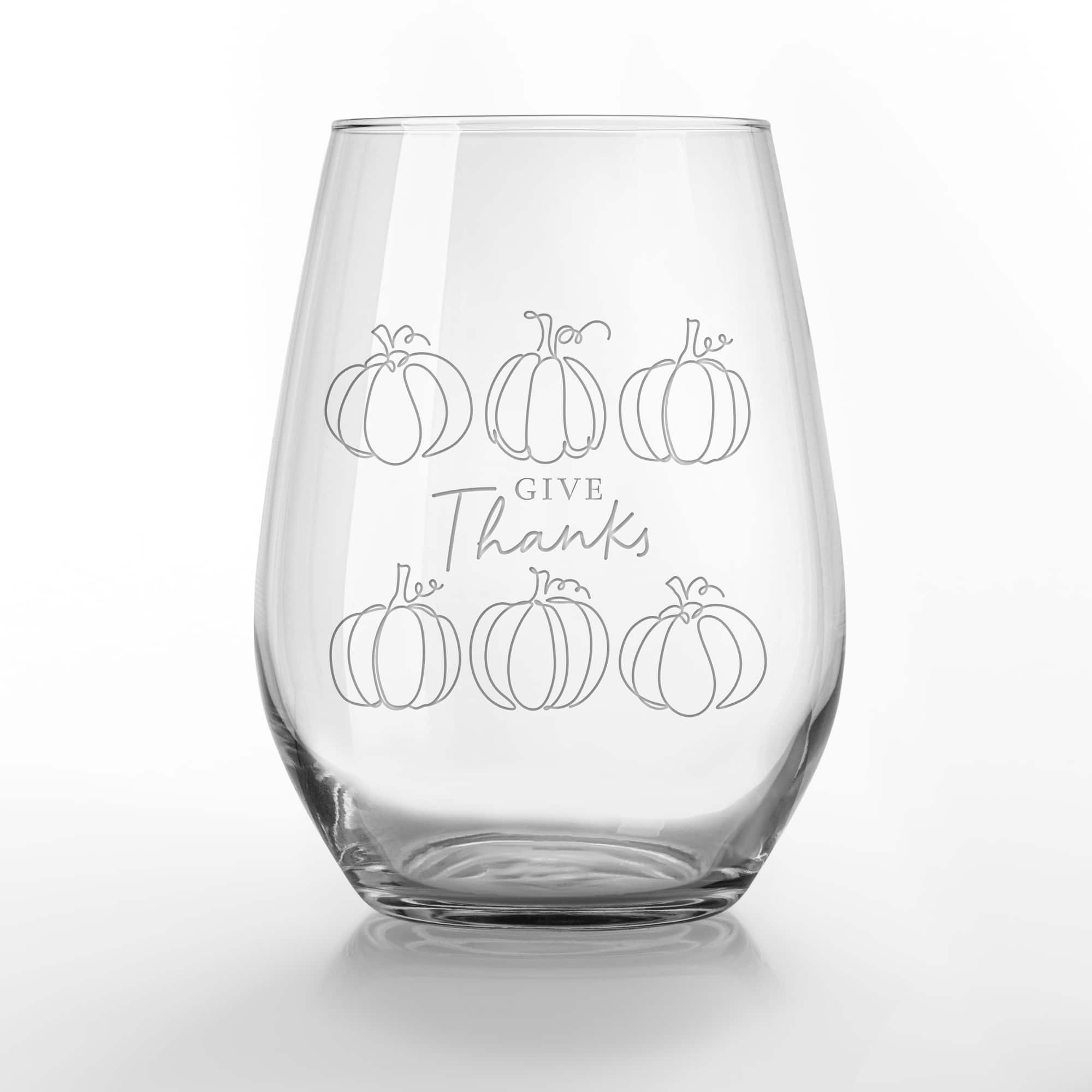 Give Thanks Pumpkins 15oz. Engraved Stemless Wine Glass