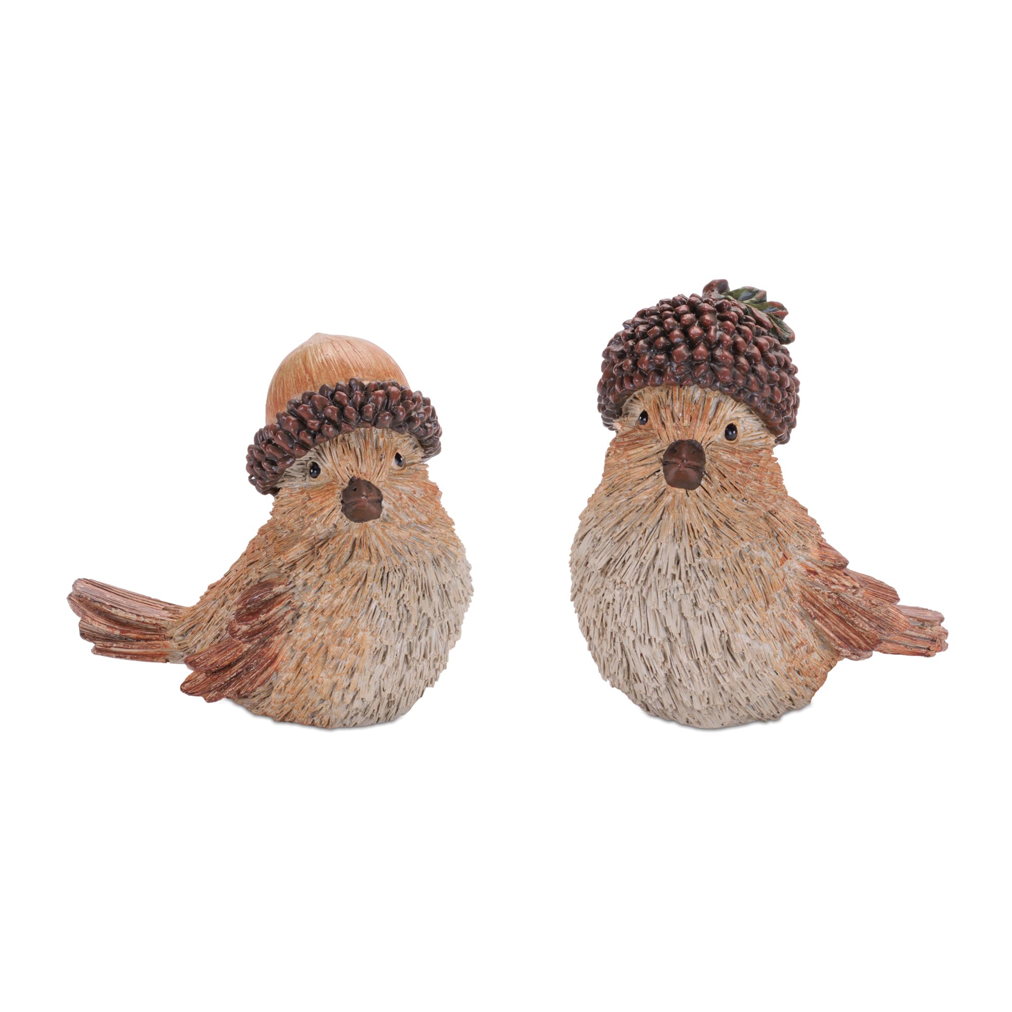 Brown Woodland Bird with Acorn Hat Figurine Set
