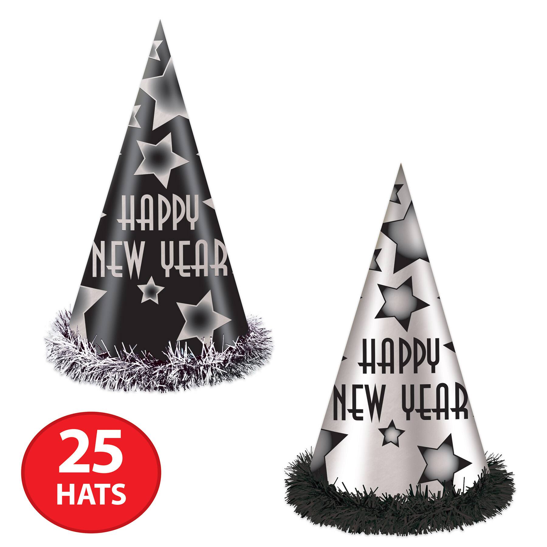 12" Black & Silver Happy New Year Cone Party Hats, 25ct.
