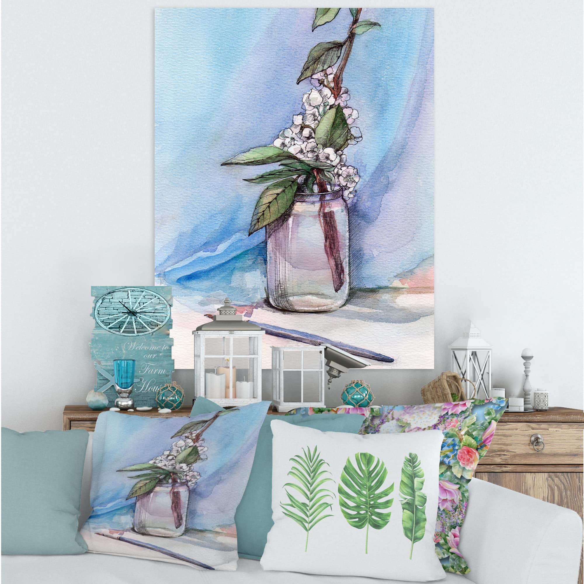 Designart - Cherry Blossom In Glass Jar - Farmhouse Canvas Wall Art Print