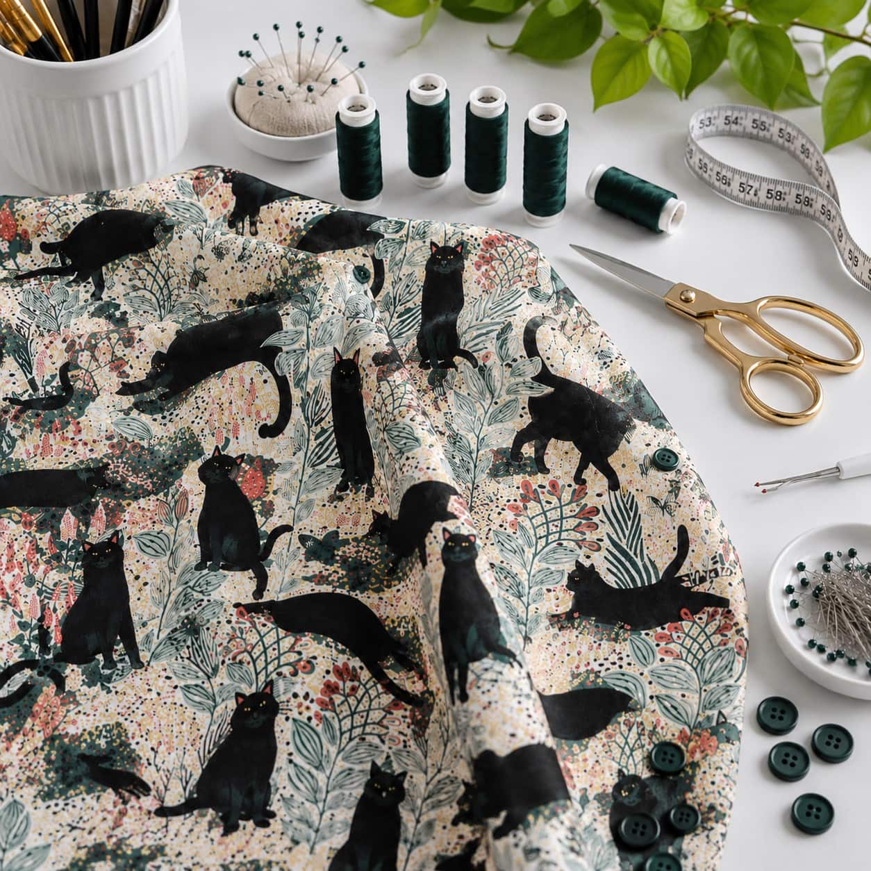 Black Cats on Floral Craft Cotton Fabric