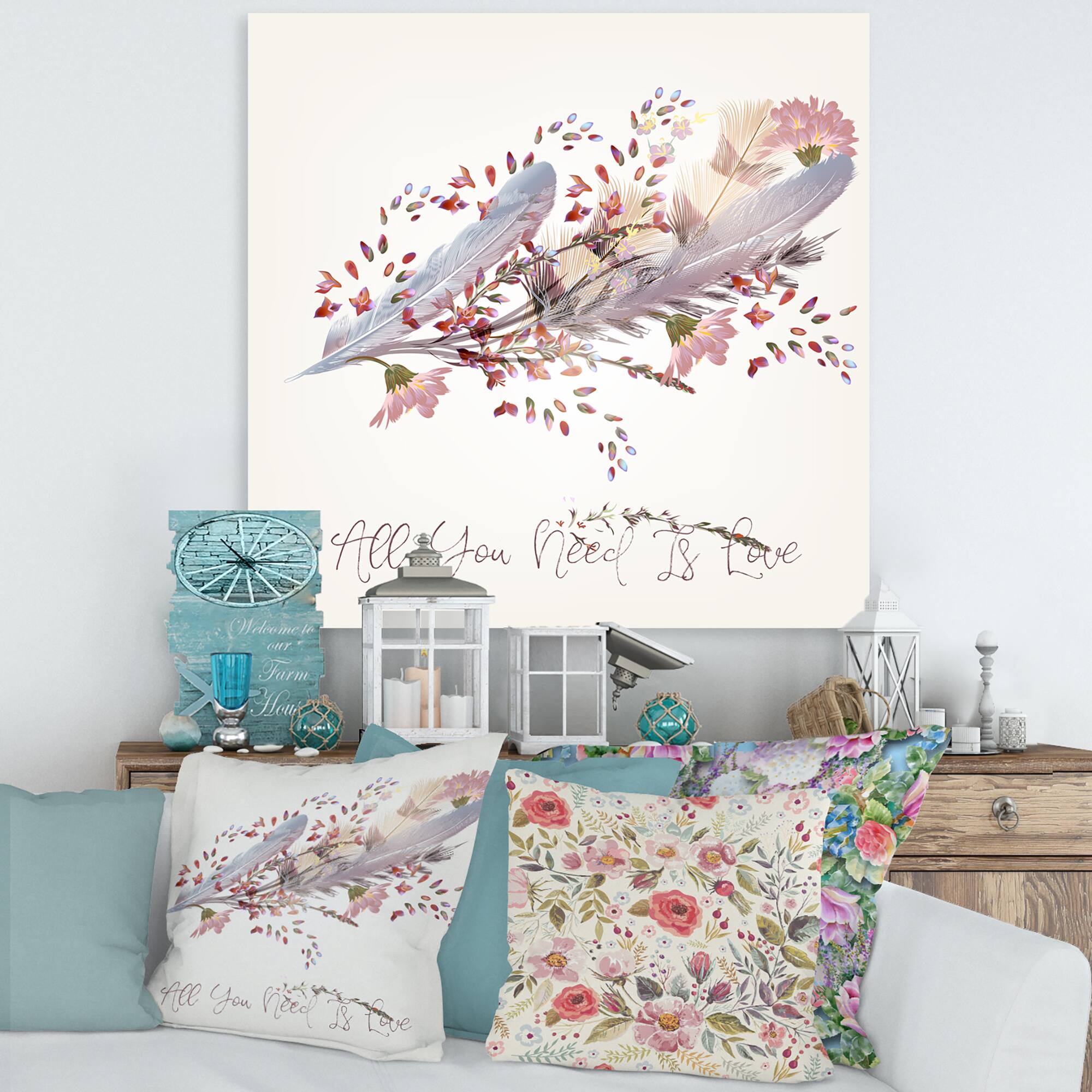 Designart - Pink Feathers and Bird All You Need Is Love