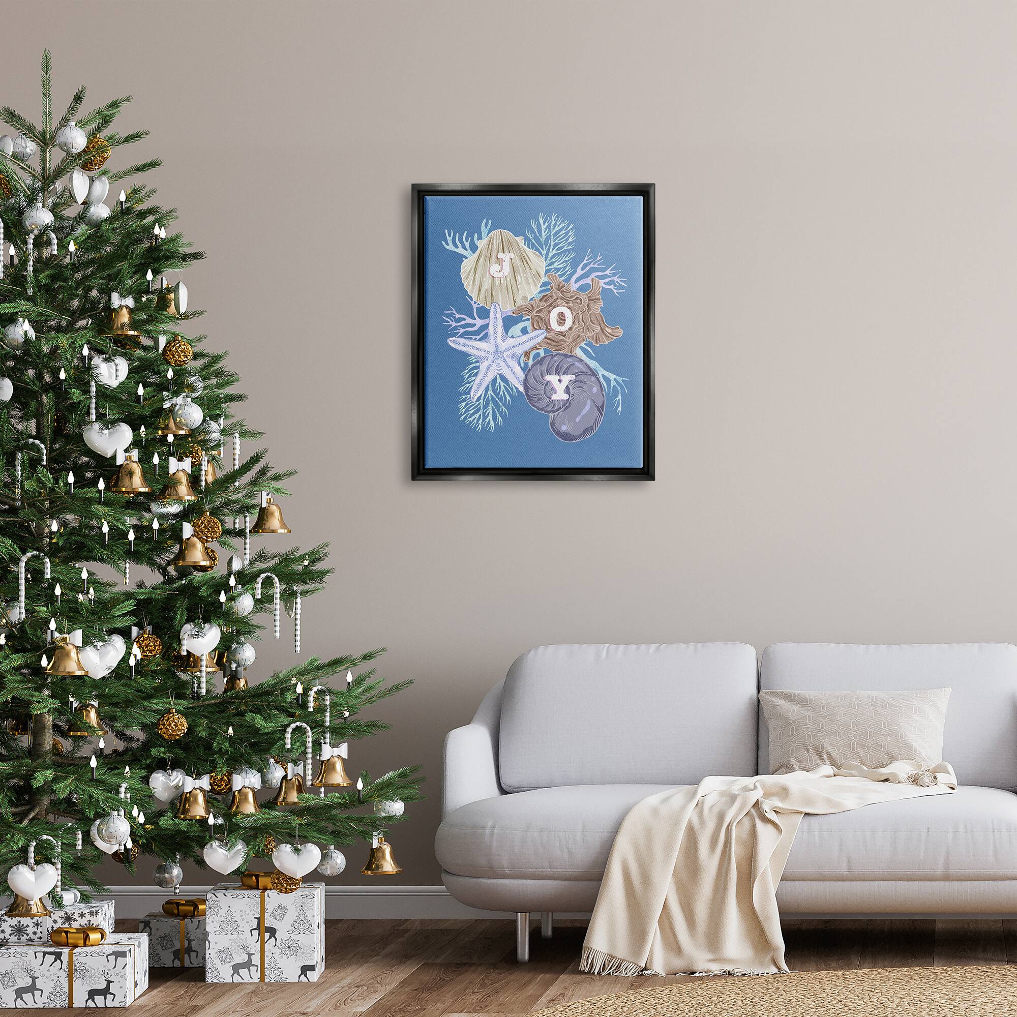 Stupell Industries Joy Nautical Holiday Seashells Framed Floater Canvas Wall Art
