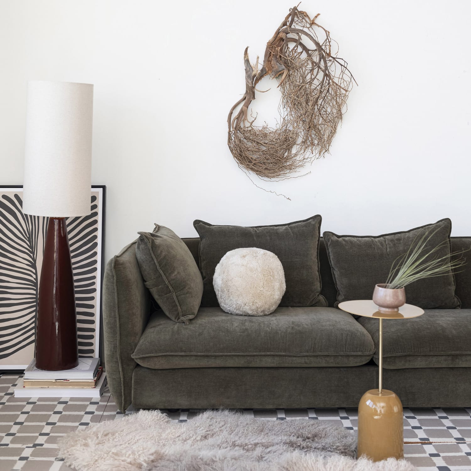 Hello Honey® 4ft. Brown Reactive Glaze Ceramic Floor Lamp with Linen Shade