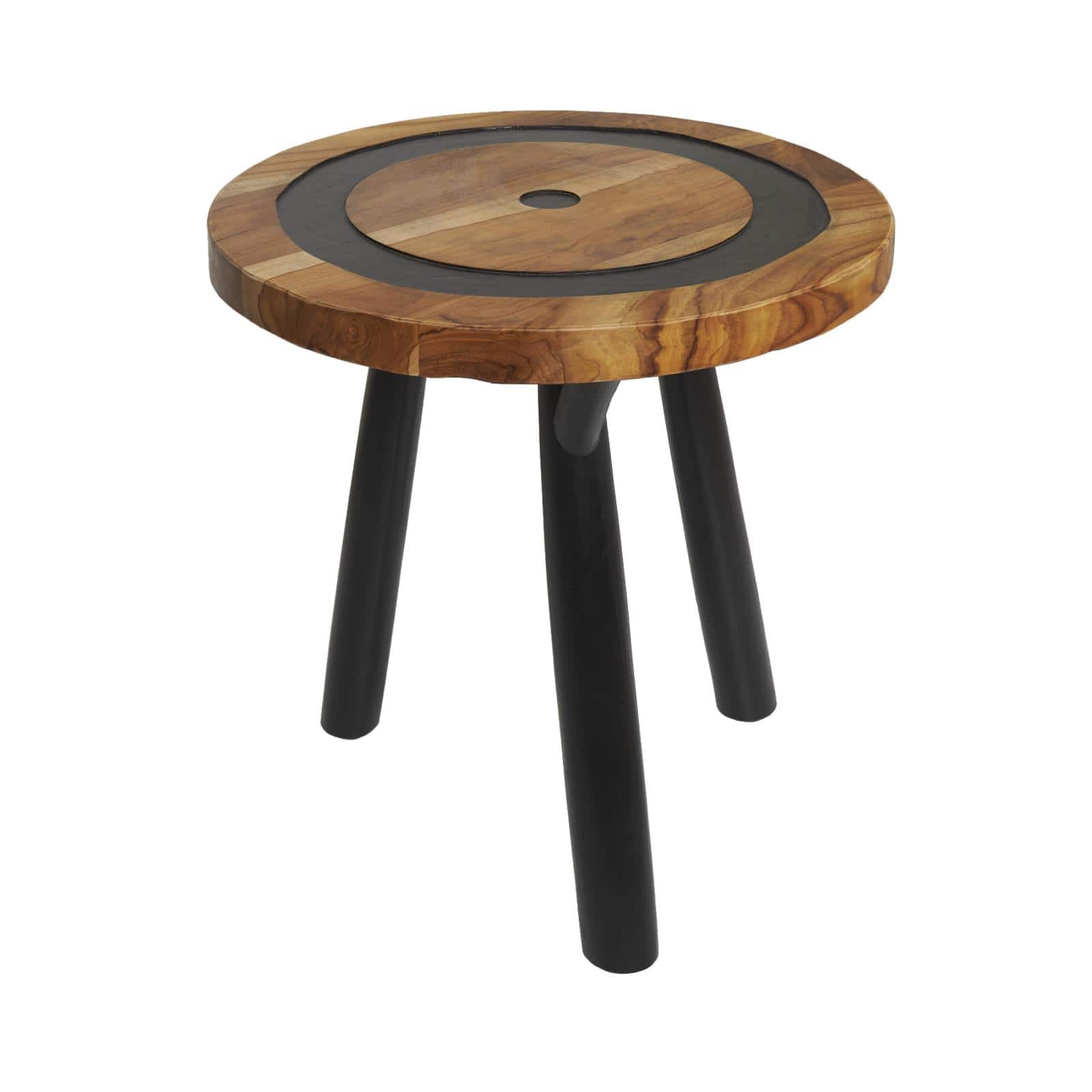 22" Brown Teak Wood Round Accent Table with Geometric Layered Circle Design and Black Legs