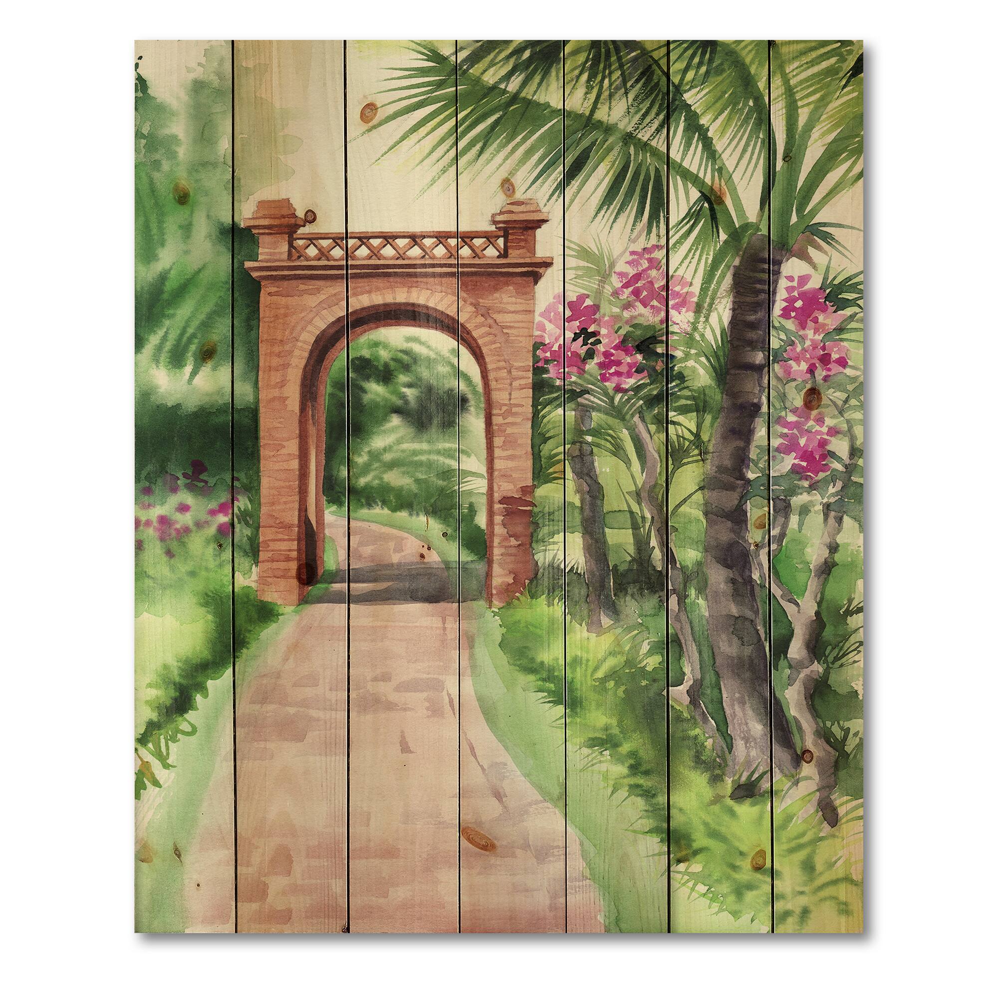 Designart - Traditional Gate In Tropical Oasis - Tropical Print on Natural Pine Wood