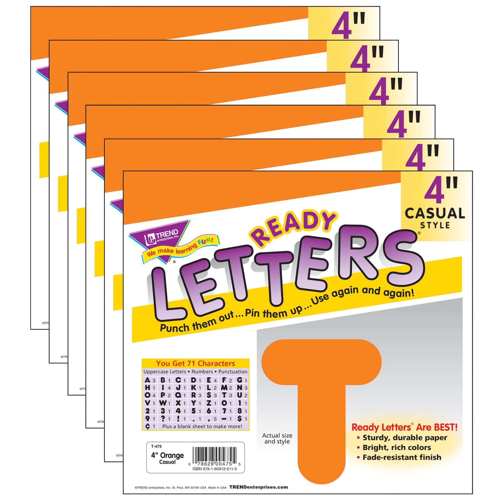 Trend Orange 4" Casual Uppercase Ready Letters®, 6 Pack