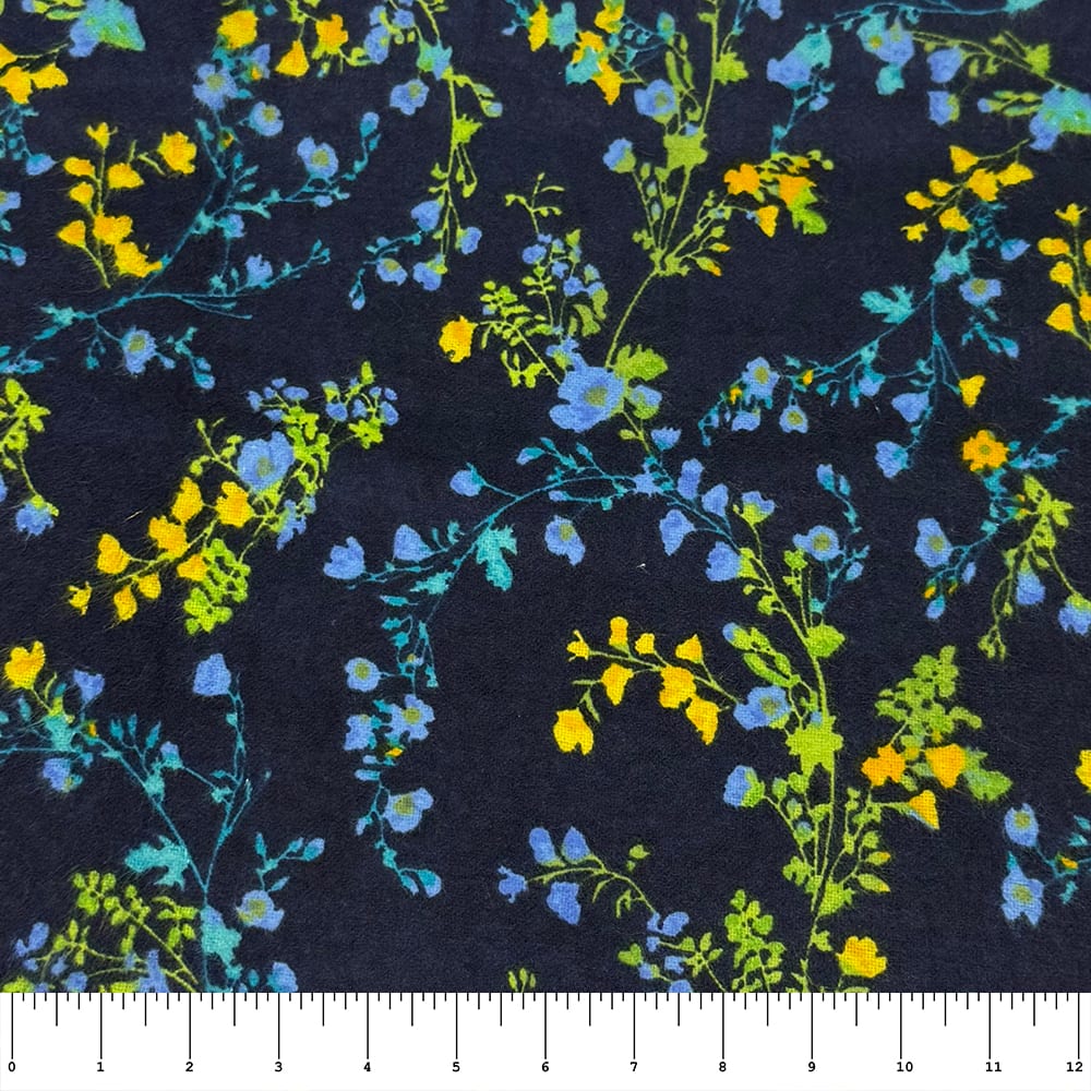 Feldman Navy Mepia Floral Yarn-Dyed Cotton Flannel Fabric