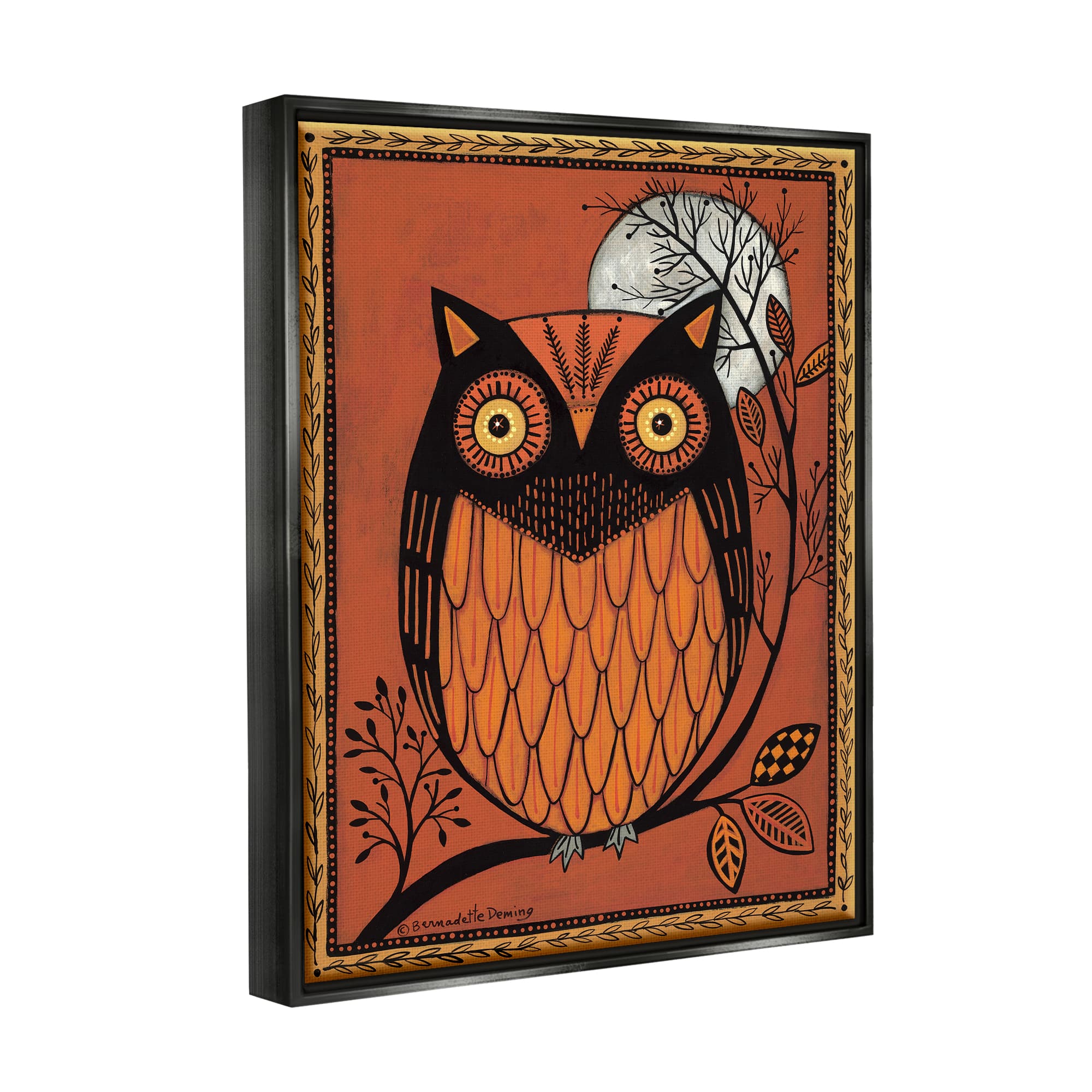 Stupell Industries Round Owl Autumn Botanical Border Framed Floater Canvas Wall Art