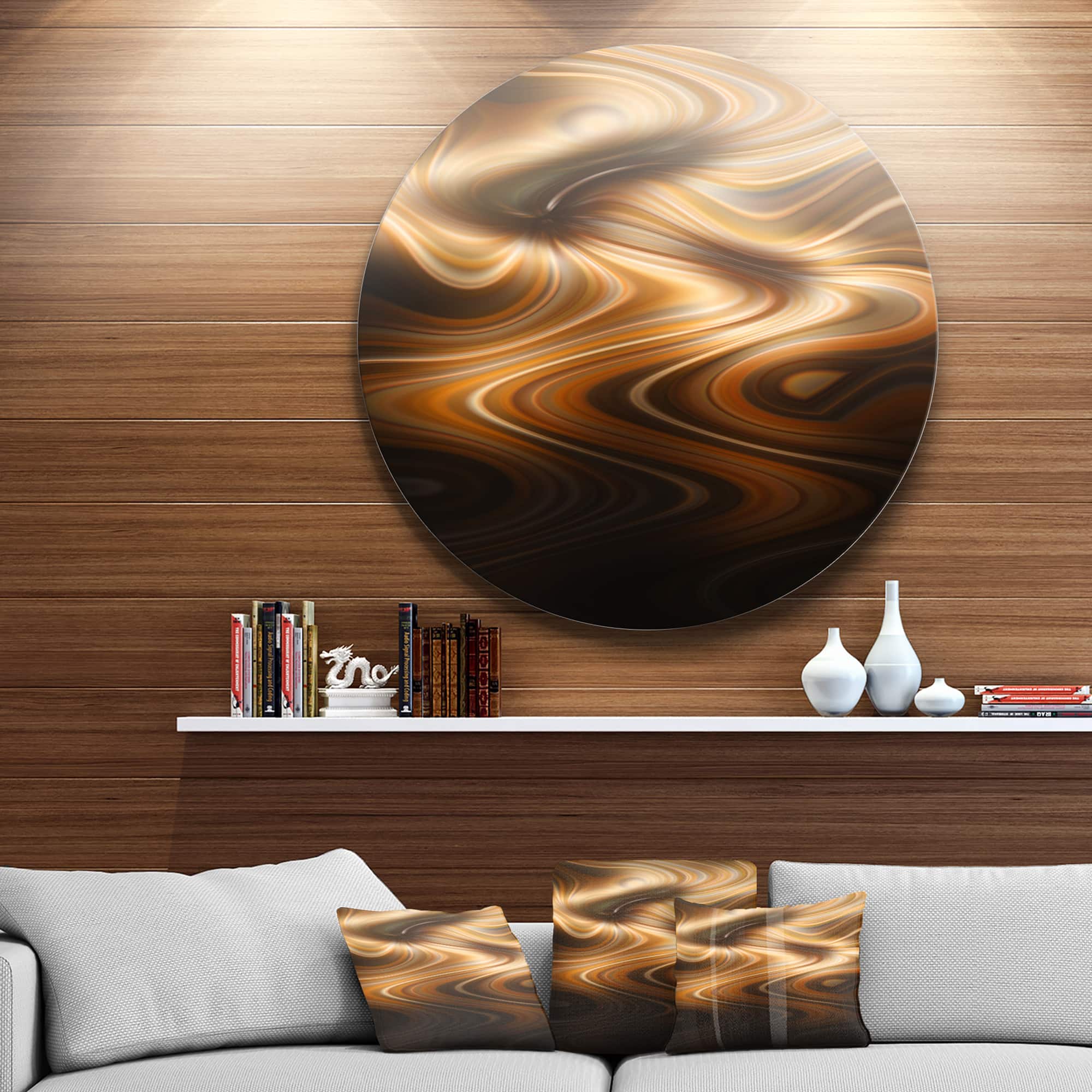 Designart - Brown Curved Waves Texture' Large Abstract Circle Metal Wall Art