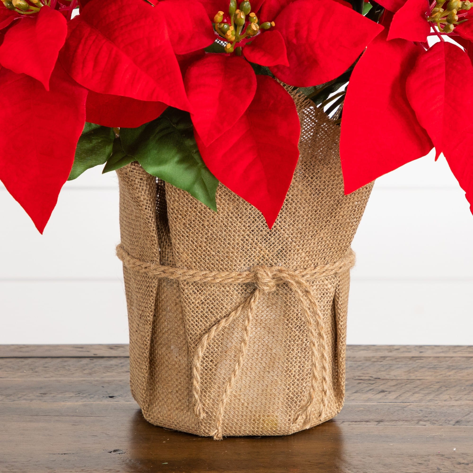 Nearly Natural 13" Artificial Red Velvet Poinsettia Arrangement in Burlap Planter