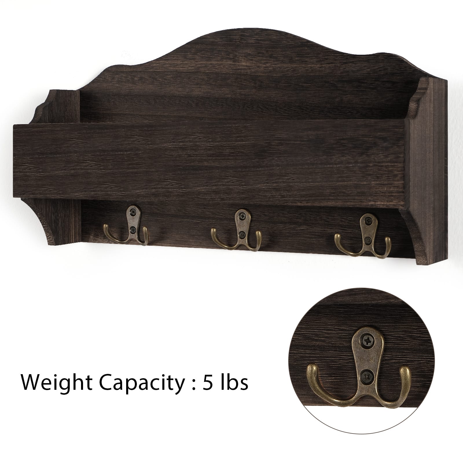 NEX™ Rustic Brown Wall-Mounted Wooden Key Rack with 3 Double Key Hooks