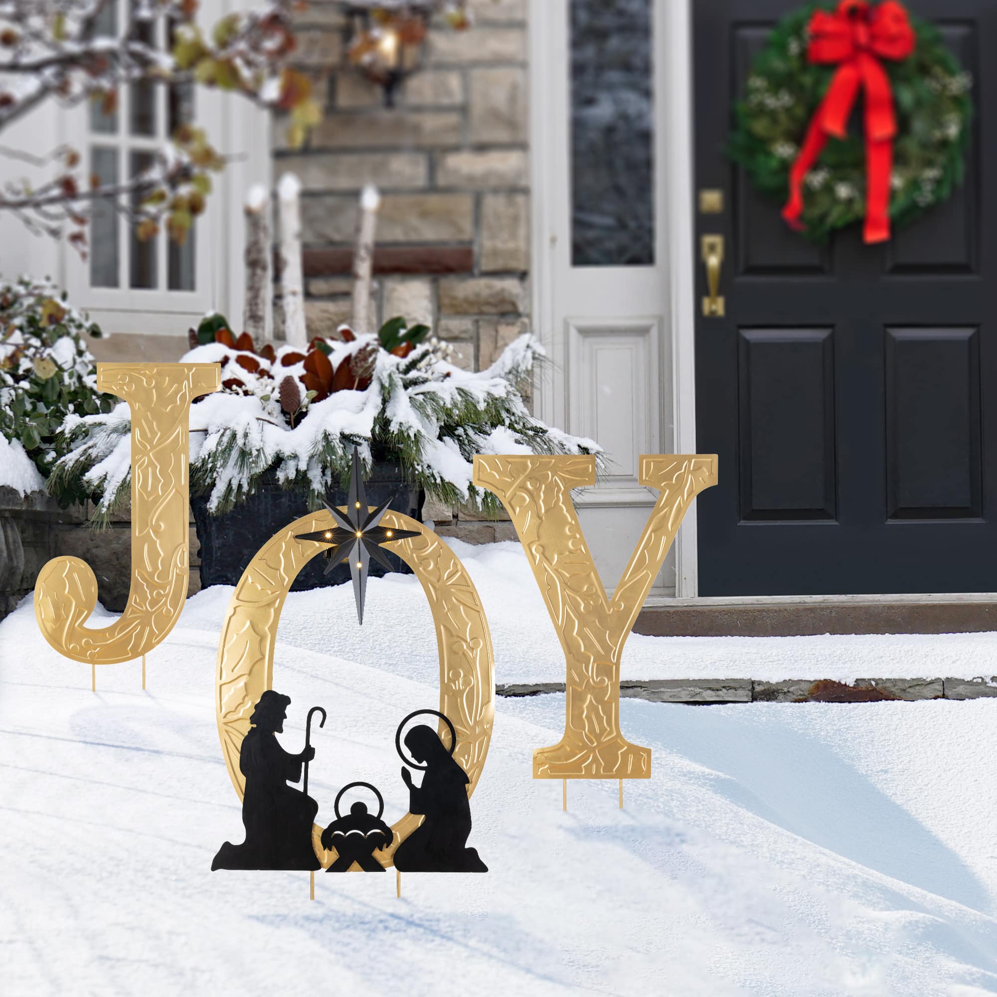 Glitzhome® Set of 3 Lighted Christmas Metal Embossed Gold JOY Yard Stake with Timer