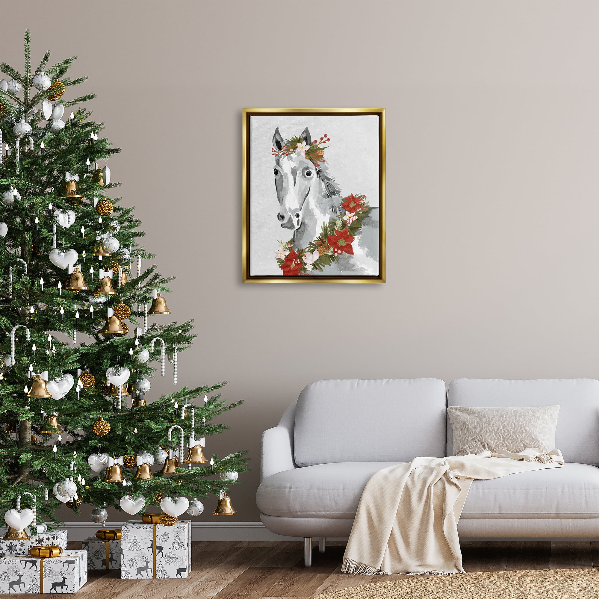 Stupell Industries Festive Holiday Horse Holly Wreath Framed Floater Canvas Wall Art