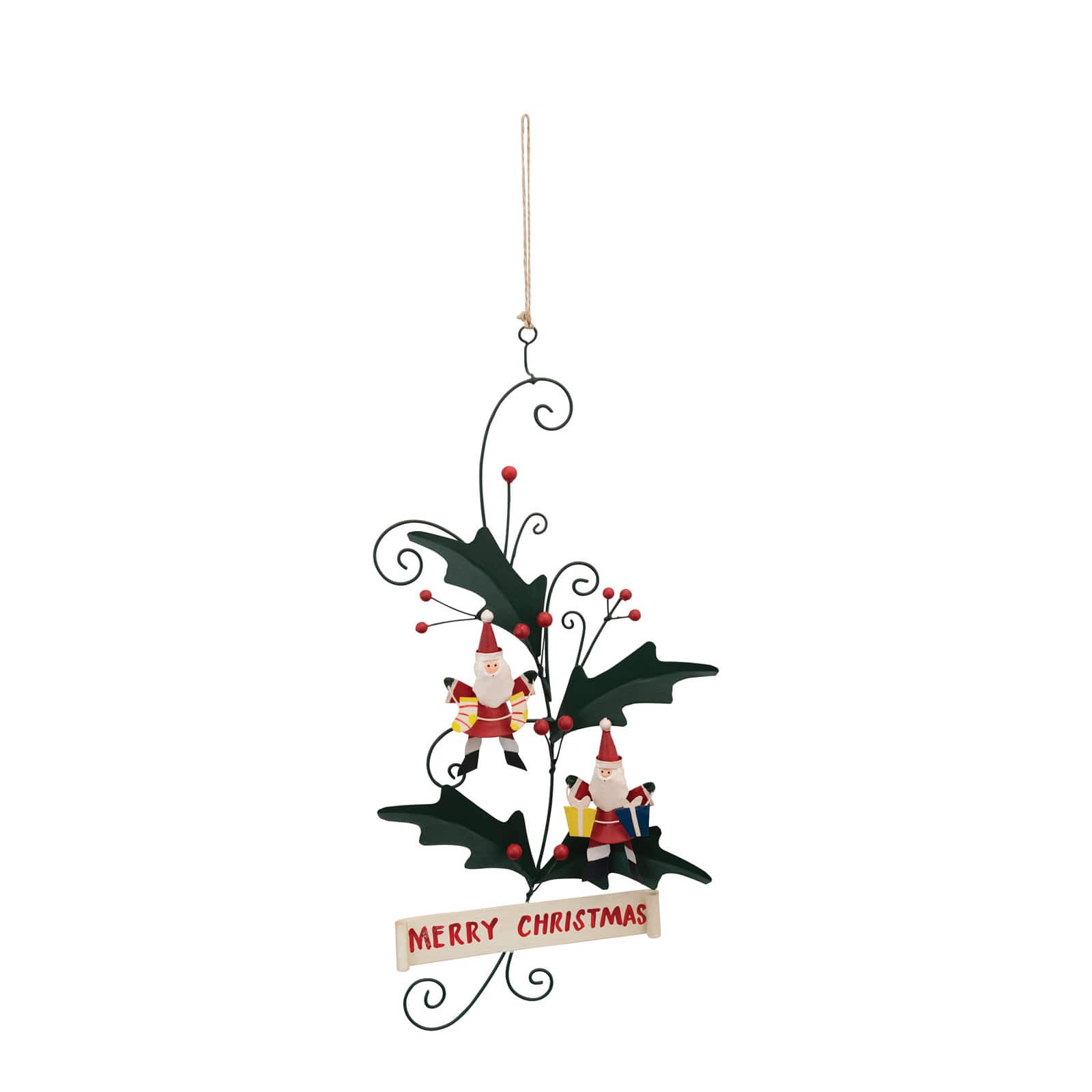 Hello Honey® 14" Merry Christmas Hand-Painted Tin Holly & Santa Sign