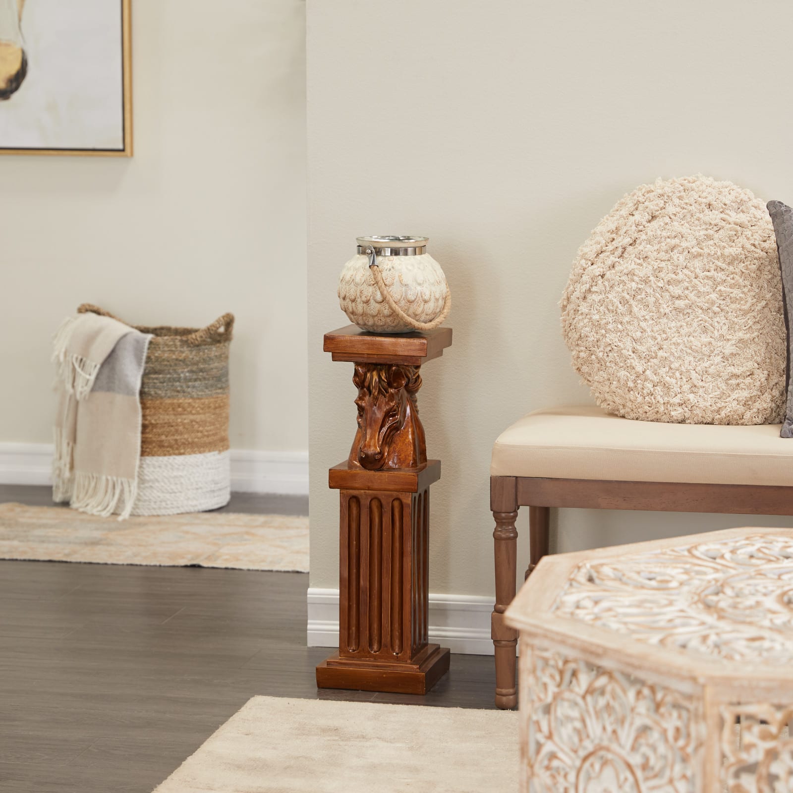 Brown Polystone Traditional Pedestal Table, 25" x 8" x 9"