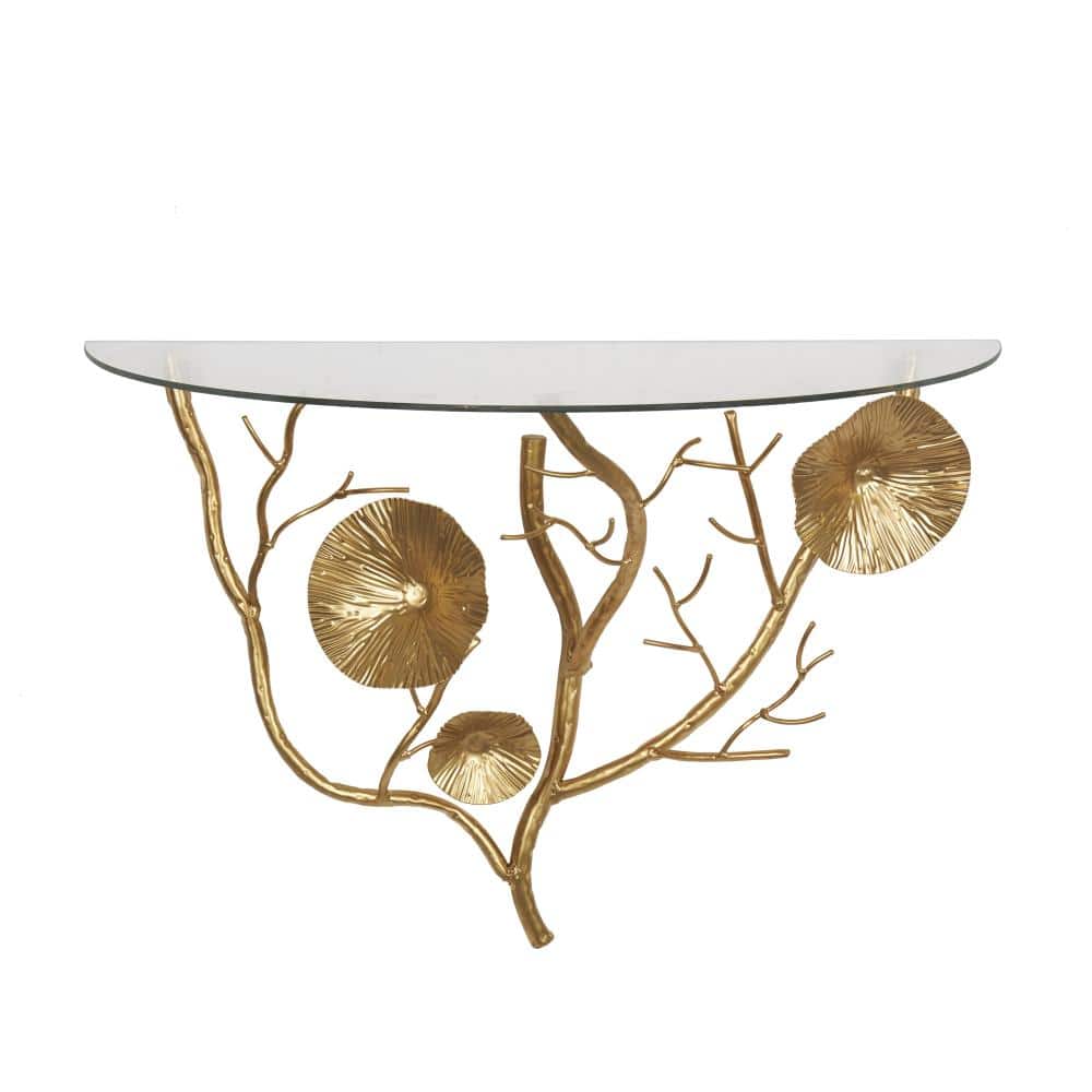 24" x 16" Gold Metal Branch Floral Wall Shelf with Glass Top