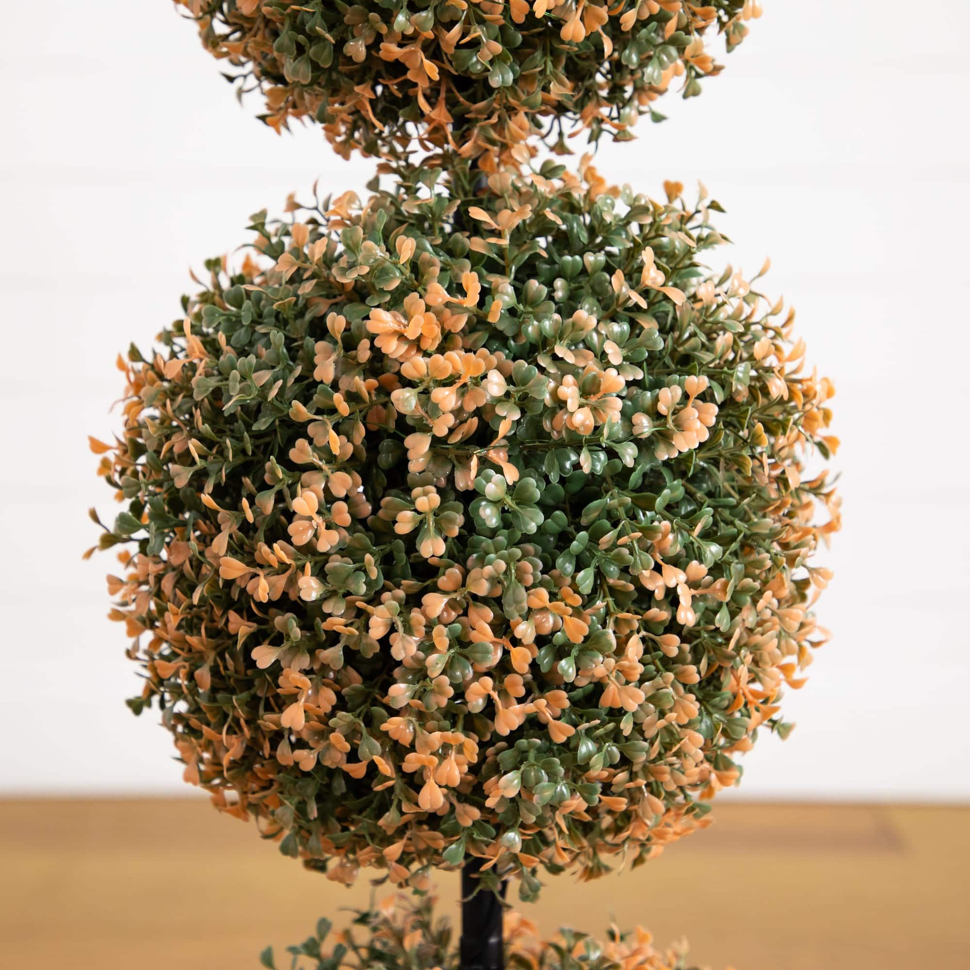 3ft. UV Resistant Autumn Triple Ball Boxwood Artificial Fall Topiary Tree with 30 Warm White LED Lights (Indoor/Outdoor)
